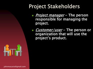 Project Stakeholders
johnmacasio@gmail.com
 Project manager - The person
responsible for managing the
project.
 Customer/user - The person or
organization that will use the
project’s product.
 