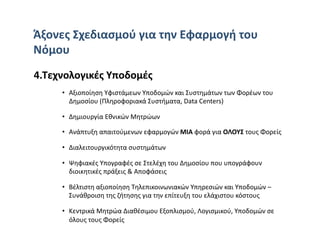 Άξονες Σχεδιασμού για την Εφαρμογή του 
Νόμου 
4.Τεχνολογικές Υποδομές 
     •  Αξιοποίηση Υφιστάμεων Υποδομών και Συστημάτων των Φορέων του 
        Δημοσίου (Πληροφοριακά Συστήματα, Data Centers) 

     •  Δημιουργία Εθνικών Μητρώων 

     •  Ανάπτυξη απαιτούμενων εφαρμογών ΜΙΑ φορά για ΟΛΟΥΣ τους Φορείς  

     •  Διαλειτουργικότητα συστημάτων  

     •  Ψηφιακές Υπογραφές σε Στελέχη του Δημοσίου που υπογράφουν 
        διοικητικές πράξεις & Αποφάσεις 

     •  Βέλτιστη αξιοποίηση Τηλεπικοινωνιακών Υπηρεσιών και Υποδομών – 
        Συνάθροιση της ζήτησης για την επίτευξη του ελάχιστου κόστους 

     •  Κεντρικά Μητρώα Διαθέσιμου Εξοπλισμού, Λογισμικού, Υποδομών σε 
        όλους τους Φορείς 
 