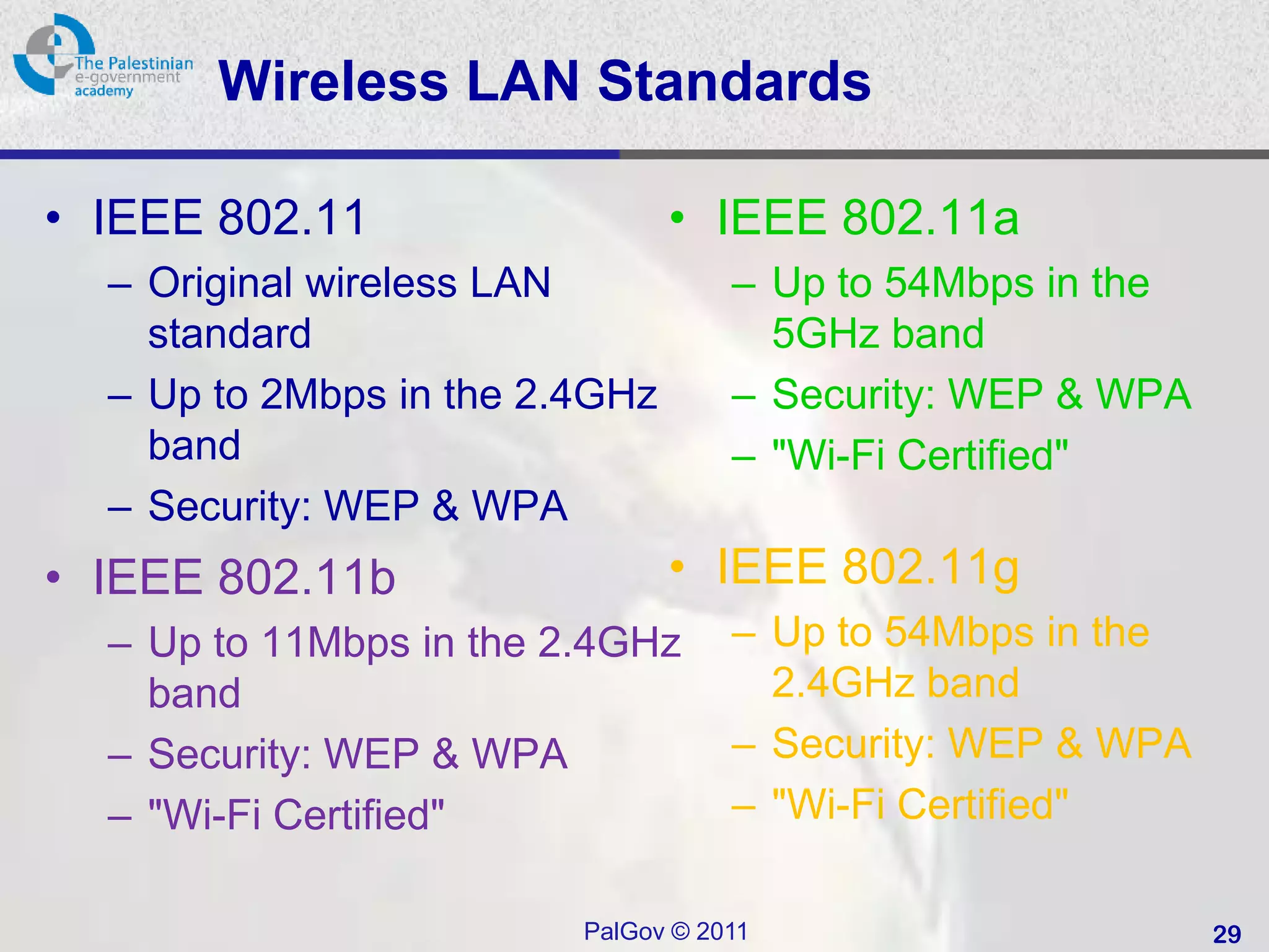 Wireless LAN Standards

• IEEE 802.11                   • IEEE 802.11a
  – Original wireless LAN           – Up to 54Mbps in the
    standard                          5GHz band
  – Up to 2Mbps in the 2.4GHz       – Security: WEP & WPA
    band                            – "Wi-Fi Certified"
  – Security: WEP & WPA
• IEEE 802.11b                  • IEEE 802.11g
  – Up to 11Mbps in the 2.4GHz      – Up to 54Mbps in the
    band                              2.4GHz band
  – Security: WEP & WPA             – Security: WEP & WPA
  – "Wi-Fi Certified"               – "Wi-Fi Certified"

                         PalGov © 2011                      29
 