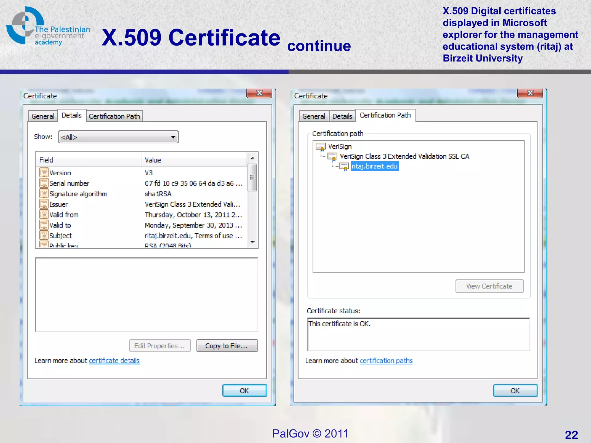 X.509 Digital certificates
                                 displayed in Microsoft
X.509 Certificate continue       explorer for the management
                                 educational system (ritaj) at
                                 Birzeit University




                 PalGov © 2011                             22
 