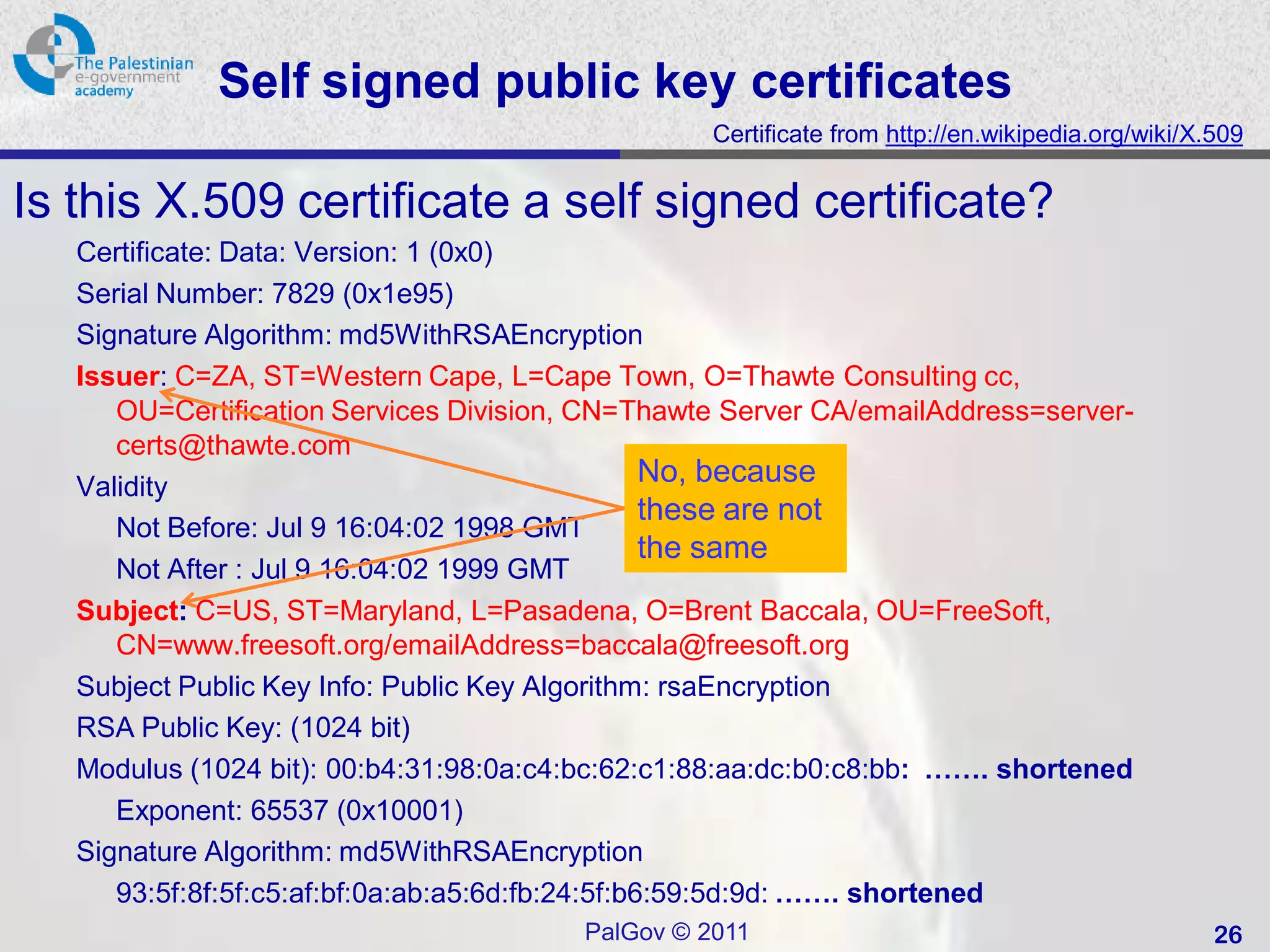 Self signed public key certificates
                                                  Certificate from http://en.wikipedia.org/wiki/X.509


Is this X.509 certificate a self signed certificate?
   Certificate: Data: Version: 1 (0x0)
   Serial Number: 7829 (0x1e95)
   Signature Algorithm: md5WithRSAEncryption
   Issuer: C=ZA, ST=Western Cape, L=Cape Town, O=Thawte Consulting cc,
      OU=Certification Services Division, CN=Thawte Server CA/emailAddress=server-
      certs@thawte.com
   Validity
                                                  No, because
                                                  these are not
      Not Before: Jul 9 16:04:02 1998 GMT
                                                  the same
      Not After : Jul 9 16:04:02 1999 GMT
   Subject: C=US, ST=Maryland, L=Pasadena, O=Brent Baccala, OU=FreeSoft,
      CN=www.freesoft.org/emailAddress=baccala@freesoft.org
   Subject Public Key Info: Public Key Algorithm: rsaEncryption
   RSA Public Key: (1024 bit)
   Modulus (1024 bit): 00:b4:31:98:0a:c4:bc:62:c1:88:aa:dc:b0:c8:bb: ……. shortened
      Exponent: 65537 (0x10001)
   Signature Algorithm: md5WithRSAEncryption
      93:5f:8f:5f:c5:af:bf:0a:ab:a5:6d:fb:24:5f:b6:59:5d:9d: ……. shortened
                                        PalGov © 2011                                             26
 