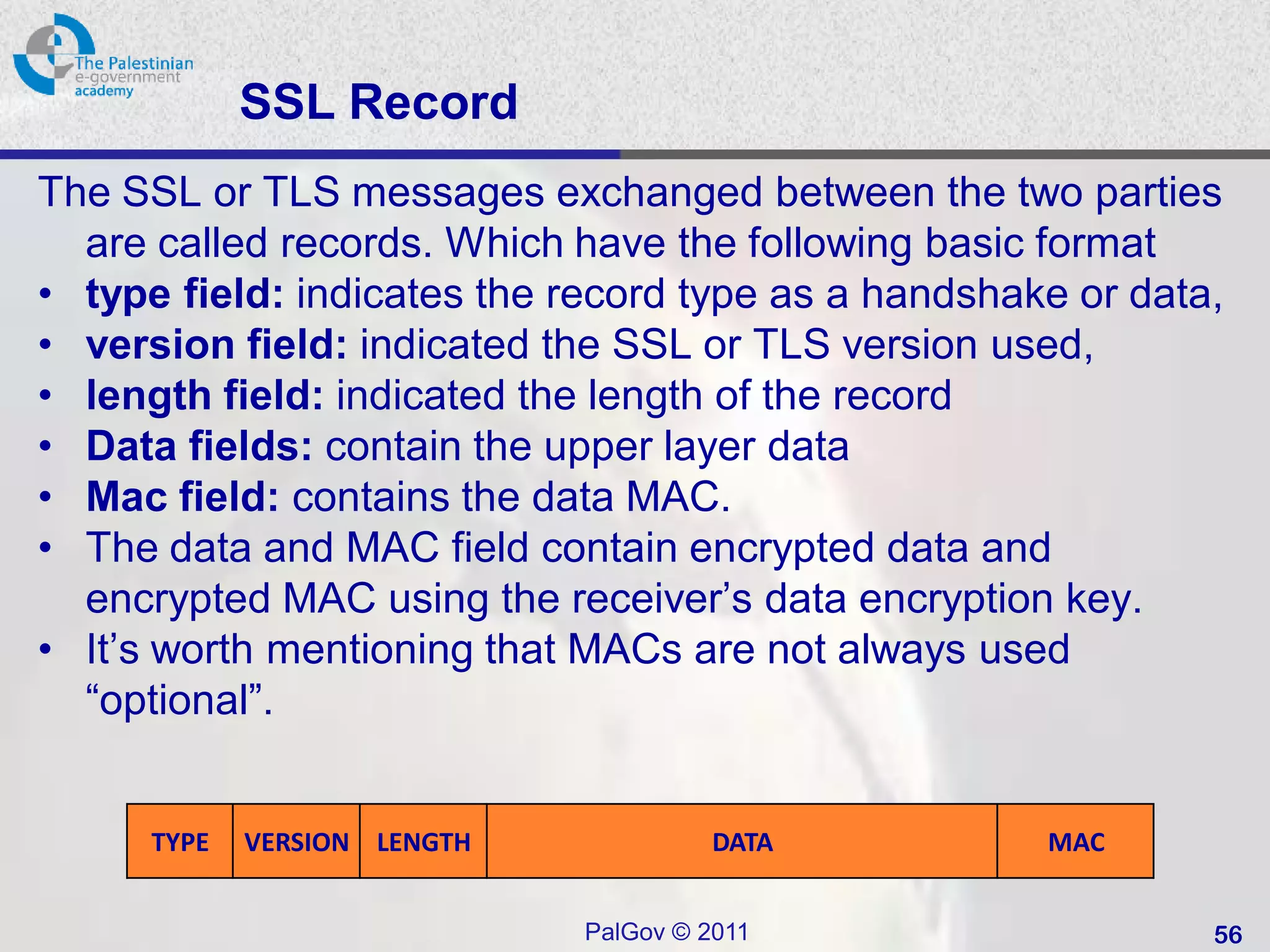 SSL Record
The SSL or TLS messages exchanged between the two parties
  are called records. Which have the following basic format
• type field: indicates the record type as a handshake or data,
• version field: indicated the SSL or TLS version used,
• length field: indicated the length of the record
• Data fields: contain the upper layer data
• Mac field: contains the data MAC.
• The data and MAC field contain encrypted data and
  encrypted MAC using the receiver’s data encryption key.
• It’s worth mentioning that MACs are not always used
  “optional”.


      TYPE   VERSION LENGTH             DATA         MAC


                              PalGov © 2011                   56
 