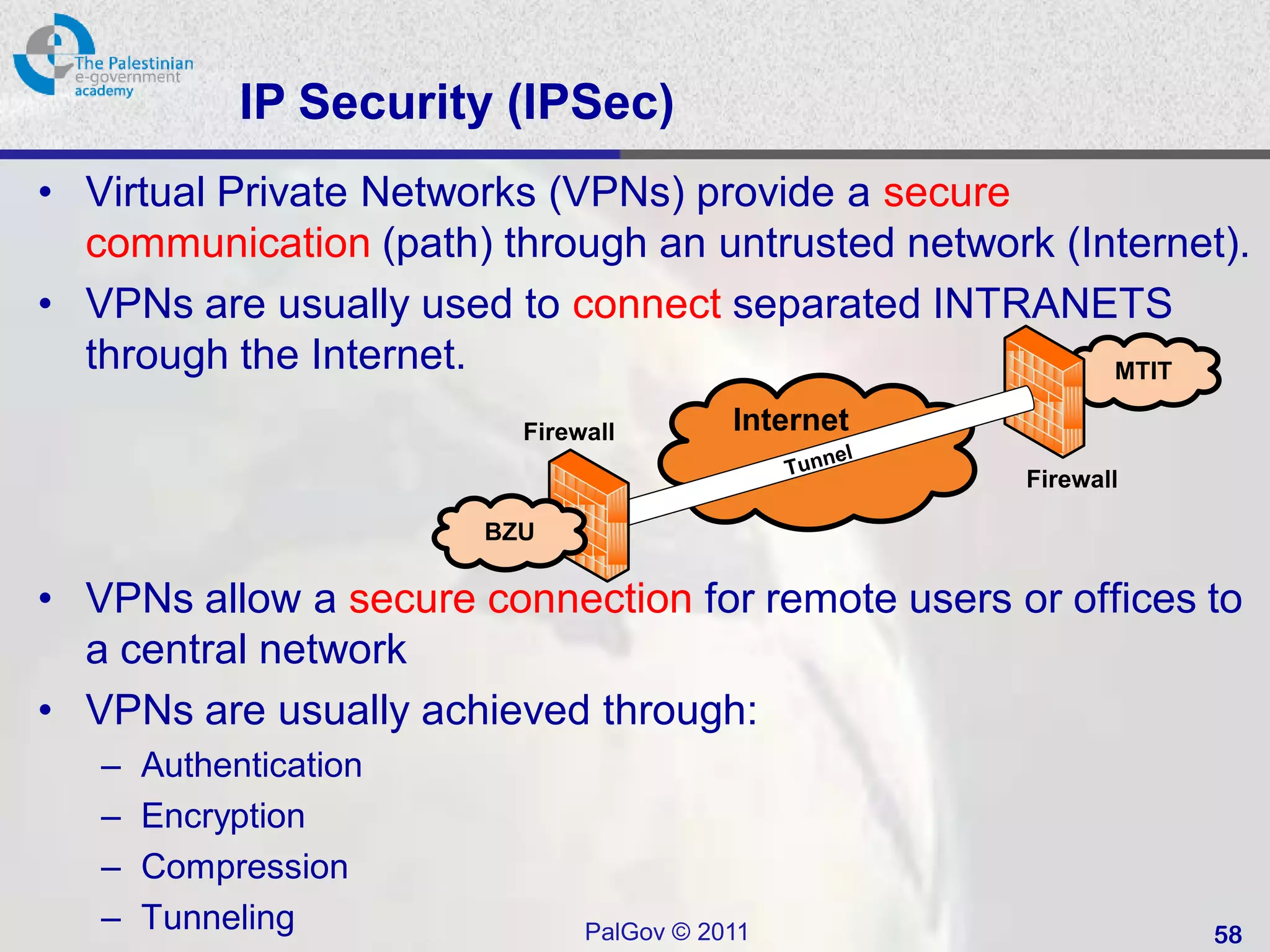 IP Security (IPSec)
• Virtual Private Networks (VPNs) provide a secure
  communication (path) through an untrusted network (Internet).
• VPNs are usually used to connect separated INTRANETS
  through the Internet.                                MTIT

                          Firewall        Internet
                                                   el
                                               Tunn
                                                        Firewall

                        BZU

• VPNs allow a secure connection for remote users or offices to
  a central network
• VPNs are usually achieved through:
   –   Authentication
   –   Encryption
   –   Compression
   –   Tunneling               PalGov © 2011                       58
 