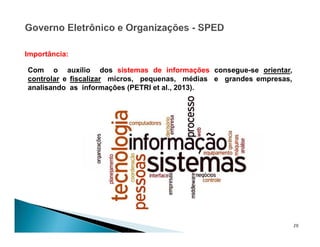 20
Importância:
Com o auxílio dos sistemas de informações consegue-se orientar,
controlar e fiscalizar micros, pequenas, médias e grandes empresas,
analisando as informações (PETRI et al., 2013).
 