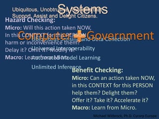 Systems Ubiquitous, Unobtrusive  Systems that Support, Assist and Delight Citizens. Ubiquitous, Unobtrusive  Systems that Support, Assist and Delight Citizens. Hazard Checking:  Micro: Will this action taken NOW,  In this CONTEXT for this PERSON harm or inconvenience them?   Delay it? Omit it? Modify it? Macro: Learn from Micro. Computer Government Ubiquitous Sensing and Data Collection Universal Interoperability Automated Model Learning Unlimited Inference Benefit Checking:  Micro: Can an action taken NOW,  in this CONTEXT for this PERSON help them? Delight them?   Offer it? Take it? Accelerate it? Macro: Learn from Micro. Michael Witbrock, Ph.D. Cycorp Europe 