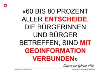geo.admin.ch: das Geoportal des BundeseGovernment-Wettbewerb 2015
«60 BIS 80 PROZENT
ALLER ENTSCHEIDE,
DIE BÜRGERINNEN
UND BÜRGER
BETREFFEN, SIND MIT
GEOINFORMATION
VERBUNDEN»
Coopers and Lybrand 1996
 