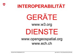 geo.admin.ch: das Geoportal des BundeseGovernment-Wettbewerb 2015
Picture by bekathwia
INTEROPERABILITÄT
GERÄTE
www.w3.org
DIENSTE
www.opengeospatial.org
www.ech.ch
 