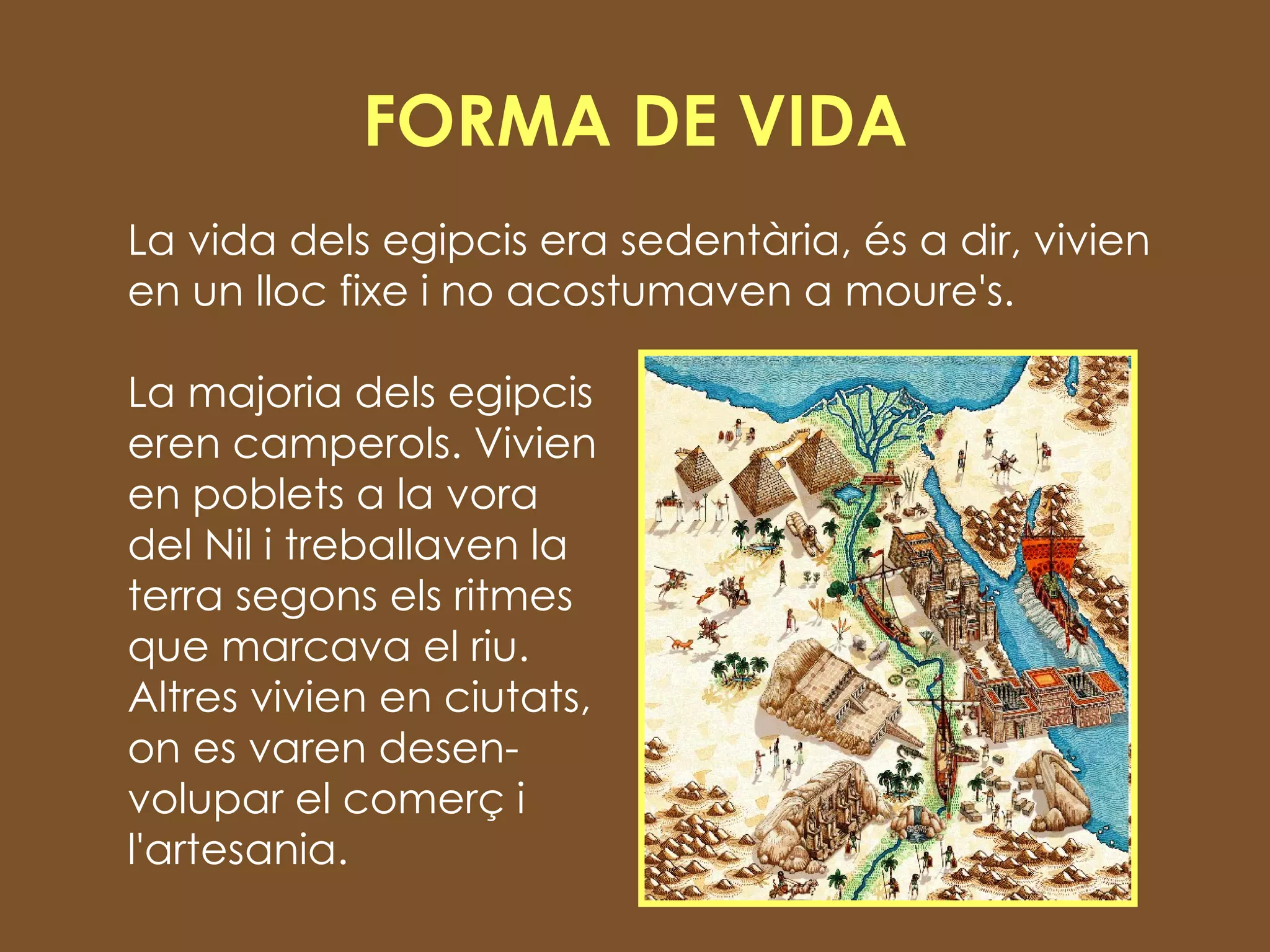 FORMA DE VIDA La vida dels egipcis era sedentària, és a dir, vivien en un lloc fixe i no acostumaven a moure's. La majoria dels egipcis eren camperols. Vivien en poblets a la vora  del Nil i treballaven la  terra segons els ritmes que marcava el riu.  Altres vivien en ciutats,  on es varen desen- volupar el comerç i  l'artesania. 