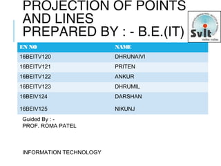 PROJECTION OF POINTS
AND LINES
PREPARED BY : - B.E.(IT)
EN NO NAME
16BEITV120 DHRUNAIVI
16BEITV121 PRITEN
16BEITV122 ANKUR
16BEITV123 DHRUMIL
16BEIV124
16BEIV125
DARSHAN
NIKUNJ
Guided By : -
PROF. ROMA PATEL
INFORMATION TECHNOLOGY
 
