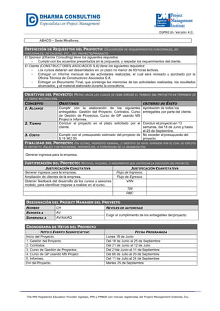 EGPR010- Versión 4.0
The PMI Registered Education Provider logotipo, PMI y PMBOK son marcas registradas del Project Management Institute, Inc.
ABACO – Sede Miraflores.
DEFINICIÓN DE REQUISITOS DEL PROYECTO: DESCRIPCIÓN DE REQUERIMIENTOS FUNCIONALES, NO
FUNCIONALES, DE CALIDAD, ETC., DEL PROYECTO/PRODUCTO
El Sponsor (Dharma Consulting) tiene los siguientes requisitos:
- Cumplir con los acuerdos presentados en la propuesta, y respetar los requerimientos del cliente.
El Cliente (CONSTRUCTORES ASOCIADOS S.A) tiene los siguientes requisitos:
- Los cursos deberán ser desarrollados en un plazo no menor de 60 horas lectivas.
- Entregar un informe mensual de las actividades realizadas, el cual será revisado y aprobado por la
Oficina Técnica de Constructores Asociados S.A.
- Entregar un Documento Final, que contenga las memorias de las actividades realizadas, los resultados
alcanzados, y el material elaborado durante la consultoría.
OBJETIVOS DEL PROYECTO: METAS HACIA LAS CUALES SE DEBE DIRIGIR EL TRABAJO DEL PROYECTO EN TÉRMINOS DE
LA TRIPLE RESTRICCIÓN.
CONCEPTO OBJETIVOS CRITERIO DE ÉXITO
1. ALCANCE Cumplir con la elaboración de los siguientes
entregables: Gestión del Proyecto, Contratos, Curso
de Gestión de Proyectos, Curso de GP usando MS
Project e Informes.
Aprobación de todos los
entregables por parte del cliente.
2. TIEMPO Concluir el proyecto en el plazo solicitado por el
cliente.
Concluir el proyecto en 13
semanas, del 18 de Junio y hasta
el 25 de Septiembre.
3. COSTO Cumplir con el presupuesto estimado del proyecto de
$ 16 962.00.
No exceder el presupuesto del
proyecto.
FINALIDAD DEL PROYECTO: FIN ÚLTIMO, PROPÓSITO GENERAL, U OBJETIVO DE NIVEL SUPERIOR POR EL CUAL SE EJECUTA
EL PROYECTO. ENLACE CON PROGRAMAS, PORTAFOLIOS, O ESTRATEGIAS DE LA ORGANIZACIÓN.
Generar ingresos para la empresa.
JUSTIFICACIÓN DEL PROYECTO: MOTIVOS, RAZONES, O ARGUMENTOS QUE JUSTIFICAN LA EJECUCIÓN DEL PROYECTO.
JUSTIFICACIÓN CUALITATIVA JUSTIFICACIÓN CUANTITATIVA
Generar ingresos para la empresa. Flujo de Ingresos.
Ampliación de clientes de la empresa. Flujo de Egresos.
Obtener feedback del desarrollo de los cursos o sesiones
modelo, para identificar mejoras a realizar en el curso.
VAN
TIR
RBC
DESIGNACIÓN DEL PROJECT MANAGER DEL PROYECTO
NOMBRE CH NIVELES DE AUTORIDAD
REPORTA A AV
Exigir el cumplimiento de los entregables del proyecto.
SUPERVISA A AV/AA/AQ
CRONOGRAMA DE HITOS DEL PROYECTO
HITO O EVENTO SIGNIFICATIVO FECHA PROGRAMADA
Inicio del Proyecto. Lunes 18 de Junio
1. Gestión del Proyecto. Del 18 de Junio al 25 de Septiembre
2. Contratos. Del 21 de Junio al 12 de Julio
3. Curso de Gestión de Proyectos. Del 21de Junio al 11 de Septiembre
4. Curso de GP usando MS Project. Del 06 de Julio al 20 de Septiembre
5. Informes. Del 11 de Julio al 24 de Septiembre
Fin del Proyecto. Martes 25 de Septiembre
 