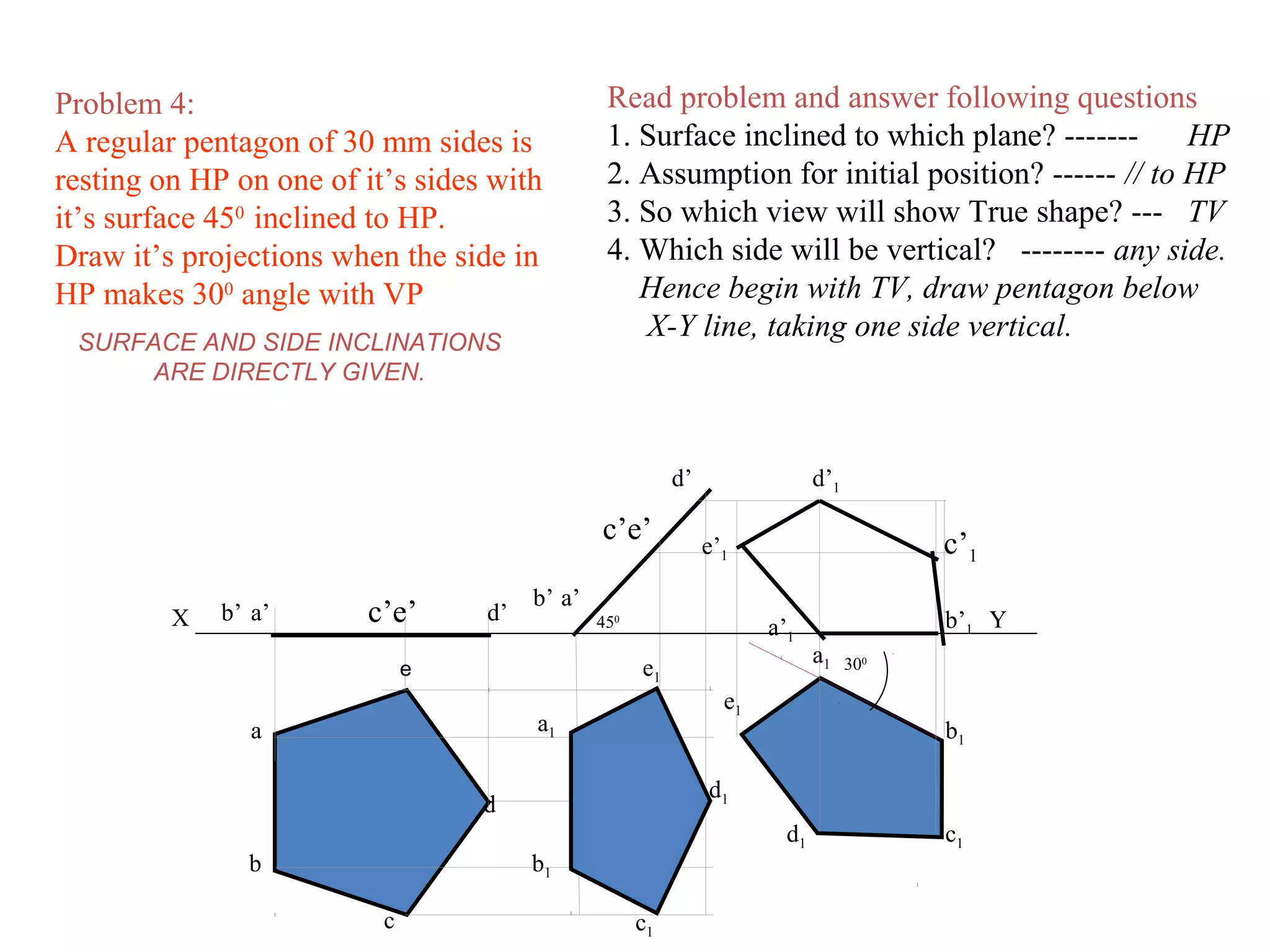 Read problem and answer following questions
1. Surface inclined to which plane? ------- HP
2. Assumption for initial position? ------ // to HP
3. So which view will show True shape? --- TV
4. Which side will be vertical? -------- any side.
Hence begin with TV, draw pentagon below
X-Y line, taking one side vertical.
Problem 4:
A regular pentagon of 30 mm sides is
resting on HP on one of it’s sides with
it’s surface 450
inclined to HP.
Draw it’s projections when the side in
HP makes 300
angle with VP
a’b’ d’
b1
d
c1
a
c’e’
b
c
d1
b’1
a1
e’1 c’1
d’1
a1
b1
c1d1
d’
a’b’
c’e’
e1
e1
a’1
X Y450
300
e
SURFACE AND SIDE INCLINATIONS
ARE DIRECTLY GIVEN.
 