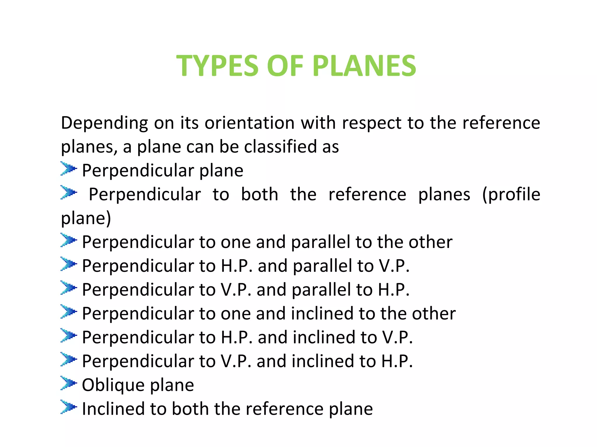 Depending on its orientation with respect to the reference
planes, a plane can be classified as
Perpendicular plane
Perpendicular to both the reference planes (profile
plane)
Perpendicular to one and parallel to the other
Perpendicular to H.P. and parallel to V.P.
Perpendicular to V.P. and parallel to H.P.
Perpendicular to one and inclined to the other
Perpendicular to H.P. and inclined to V.P.
Perpendicular to V.P. and inclined to H.P.
Oblique plane
Inclined to both the reference plane
TYPES OF PLANES
 