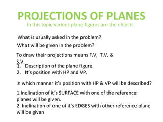 PROJECTIONS OF PLANES
In this topic various plane figures are the objects.
1.Inclination of it’s SURFACE with one of the reference
planes will be given.
2. Inclination of one of it’s EDGES with other reference plane
will be given
In which manner it’s position with HP & VP will be described?
1. Description of the plane figure.
2. It’s position with HP and VP.
To draw their projections means F.V, T.V. &
S.V.
What will be given in the problem?
What is usually asked in the problem?
 