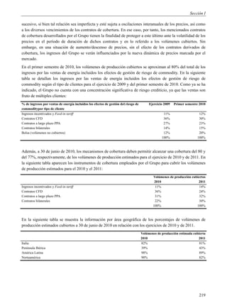 Sección I

sucesivo, si bien tal relación sea imperfecta y esté sujeta a oscilaciones interanuales de los precios, así como
a los diversos vencimientos de los contratos de cobertura. En ese caso, por tanto, los mencionados contratos
de cobertura desarrollados por el Grupo tienen la finalidad de proteger a este último ante la volatilidad de los
precios en el período de duración de dichos contratos y en lo referido a los volúmenes cubiertos. Sin
embargo, en una situación de aumento/descenso de precios, sin el efecto de los contratos derivados de
cobertura, los ingresos del Grupo se verán influenciados por la nueva dinámica de precios marcada por el
mercado.
En el primer semestre de 2010, los volúmenes de producción cubiertos se aproximan al 80% del total de los
ingresos por las ventas de energía incluidos los efectos de gestión de riesgo de commodity. En la siguiente
tabla se detallan los ingresos por las ventas de energía incluidos los efectos de gestión de riesgo de
commodity según el tipo de clientes para el ejercicio de 2009 y del primer semestre de 2010. Como ya se ha
indicado, el Grupo no cuenta con una concentración significativa de riesgo crediticio, ya que las ventas son
fruto de múltiples clientes:
% de ingresos por ventas de energía incluidos los efectos de gestión del riesgo de        Ejercicio 2009   Primer semestre 2010
commoditypor tipo de cliente
Ingresos incentivados y Feed-in tariff                                                             11%                    12%
Contratos CFD                                                                                      36%                    30%
Contratos a largo plazo PPA                                                                        27%                    23%
Contratos bilaterales                                                                              14%                    15%
Bolsa (volúmenes no cubiertos)                                                                     12%                    20%
                                                                                                  100%                   100%



Además, a 30 de junio de 2010, los mecanismos de cobertura deben permitir alcanzar una cobertura del 80 y
del 77%, respectivamente, de los volúmenes de producción estimados para el ejercicio de 2010 y de 2011. En
la siguiente tabla aparecen los instrumentos de cobertura empleados por el Grupo para cubrir los volúmenes
de producción estimados para el 2010 y el 2011:
                                                                                            Volúmenes de producción cubiertos
                                                                                             2010                       2011
Ingresos incentivados y Feed-in tariff                                                       11%                         14%
Contratos CFD                                                                                36%                         24%
Contratos a largo plazo PPA                                                                  31%                         32%
Contratos bilaterales                                                                        22%                         30%
                                                                                            100%                       100%



En la siguiente tabla se muestra la información por área geográfica de los porcentajes de volúmenes de
producción estimados cubiertos a 30 de junio de 2010 en relación con los ejercicios de 2010 y de 2011.
                                                                                     Volúmenes de producción estimada cubierta
                                                                                     2010                                2011
Italia                                                                               82%                                  81%
Península Ibérica                                                                    39%                                  43%
América Latina                                                                       98%                                  89%
Norteamérica                                                                         90%                                  82%




                                                                                                                           219
 