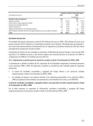 Sección I



                                                                                           Semestre cerrado a fecha 30 de junio
(En millones de euros)                                                                   2010                     2009
                                                                                                           no auditado
Beneficios antes de impuestos                                                             367                      372
Impuestos teóricos                                                                        101     27,5%            102     27,5%
Efecto relativo a tipos impositivos locales                                                (7)     -1,8%              1      0,3%
Impuesto de sociedades adicional                                                            16      4,4%             19      5,2%
Efecto Tremonti Ter                                                                       (25)     -6,7%              -      0,0%
Diferencias permanentes y otras partidas menores                                             3      0,5%            (5)     -1,4%
IRAP (impuesto regional sobre las actividades productivas, por sus siglas en italiano)      16      4,4%             16      4,4%
Total                                                                                     104     28,2%            133     35,8%



Resultado del ejercicio
El resultado del ejercicio disminuye y pasa de 239 millones de euros en 2009 a 263 millones de euros en el
primer semestre d 2010. Además a lo comentado en relación con el término “Resultado antes de impuestos”,
este curso está caracterizado por la disminución de los impuestos en el primer semestre de 2010 por efecto
principal de los prestaciones fiscales en Italia.
Excluyendo los efectos de este resultado no recurrente, el Beneficio de ejercicio (Grupo y terceros) de 2008
equivale a 312 millones de euros y este término registra una variación positiva en el ejercicio de 2009 en
comparación con 2008 de 127 millones de euros (40,7%).
9.2.3 Información económica para los ejercicios cerrados en fecha 31 de diciembre de 2009 y 2008
A continuación se detalla el análisis de las variaciones de las principales magnitudes económicas presentes
en los ejercicios 2009 y 2008. En particular, el análisis en cuestión ha sido realizado según las siguientes
referencias:
•    la cuenta de resultados consolidada y agregada del Grupo relativa a los ejercicios cerrados
     respectivamente a fecha 31 de diciembre de 2009 y 2008;
•    las unidades de negocio, con especial atención a las variaciones presentadas en los ejercicios 2009 y
     2008 en la potencia neta instalada, en la producción, en los beneficios de venta y en el EBITDA.
Cuenta de resultados consolidada y agregada relativa a los ejercicios cerrados respectivamente a fecha
31 de diciembre de 2009 y 2008
En la tabla siguiente se representa la información económica consolidada y agregada del Grupo
respectivamente para los ejercicios cerrados a fecha 31 de diciembre de 2009 y 2008.




                                                                                                                            231
 