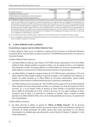 Folleto Informativo Enel Green Power S.p.A.

                                                                                A 30 de junio                            A 31 de diciembre
(En millones de euros)                                                                   2010                        2009                  2008
Endeudamiento financiero neto (c)                                                       3.093                        5.362                 5.340
Créditos financieros extraordinarios y títulos a largo plazo                              (98)                        (17)                  (14)
Endeudamiento financiero neto Enel Green Power (c)                                      2.995                        5.345                 5.326
(a) El EBITDA está definido por parte del Grupo como el resultado del ejercicio antes de amortizaciones y pérdidas por deterioro, de los resultados
    financieros, del resultado neto de sociedades por el método de participación y de los impuestos. Puesto que el EBITDA no está identificado como
    medida contable en el ámbito de las IFRS, la determinación cuantitativa del mismo podría no ser unívoca. El EBITDA es una magnitud utilizada
    por la dirección del Grupo para hacer un seguimiento y valorar su progresión operativa. La dirección considera que el EBITDA es un importante
    parámetro para medir el resultado operativo del Grupo al no estar influenciado por los efectos de los diferentes criterios de determinación de las
    bases imponibles fiscales, de la cantidad y de las características del capital empleado, así como de las políticas de amortización. Los criterios de
    determinación del EBITDA aplicados por el Grupo podrían no ser homogéneos con los adoptados por otros grupos y, por lo tanto, su valor podría
    no ser comparable con el determinado por estos últimos.
(b) Las inversiones brutas incluyen inmuebles, plantas y maquinaria y activos inmateriales antes de las eventuales subvenciones recibidas.
(c) Para las modalidades de determinación del endeudamiento financiero neto y del endeudamiento financiero neto de Enel Green Power véase la
    Sección I, Capítulo X, Apartado 10.1 del Folleto.



D.      CARACTERÍSTICAS DE LA OFERTA
Características e importe total de la Oferta Global de Venta
La Oferta Global de Venta, previa a la admisión a negociación de las acciones en el Mercado Telemático
Accionarial (MTA), tiene por objeto un número máximo de 1.415.000.000 Acciones puestas a la venta por el
Accionista Vendedor.
La Oferta Global de Venta consiste en:
•     una Oferta Pública en Italia de como mínimo 176.875.000 Acciones, equivalente al 12,5% de la Oferta
      Global de Venta, dirigida al público en general en Italia, a los Accionistas de Enel y a los Empleados
      Enel Residentes en Italia. No pueden adherirse a la Oferta Pública los Inversores Institucionales, que
      podrán adherirse exclusivamente a la Oferta Institucional referida en el siguiente punto, y
     una Oferta Pública en España de un importe mínimo de 35.375.000 Acciones, equivalentes al 2,5% de la
      Oferta Global de Venta, dirigida al público en general en España y a los Empleados Enel residentes en
      España. No podrán participar en la Oferta Pública los Inversores Institucionales, quienes podrán
      participar exclusivamente en la Oferta Institucional, que se menciona a continuación, y
•     una Oferta Institucional de un máximo de 1.202.750.000 Acciones, igual al 85% de la Oferta Global de
      Venta, dirigida a Inversores Institucionales en Italia y en el extranjero, en virtud de la Regulación S de la
      Securities Act, y en los Estados Unidos de América, de forma limitada a los Qualified Institutional
      Buyers (QIB) de conformidad con la Rule 144A de la Securities Act. Los sujetos residentes en Países
      extranjeros fuera de Italia, y en particular los residentes en Australia, Japón y Canadá, no podrán
      participar en la Oferta Global de Venta, salvo con los límites permitidos por las leyes y la regulación del
      País correspondiente.
La Oferta Pública consiste en:
    una oferta reservada al público en general (la “Oferta al Público General”). De las Acciones
      efectivamente asignadas al público general, una cuota no superior al 20% será destinada a satisfacer las
      solicitudes de compra procedentes del público general para sumas equivalentes al Lote Mínimo
      Incrementado o sus múltiplos (para más información, véase la Sección II, Capítulo V, Apartado 5.1.6 del
      Folleto Informativo).



22
 