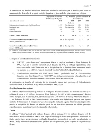 Sección I

A continuación se detallan indicadores financieros adicionales utilizados por el Emisor para hacer un
seguimiento del desarrollo de la propia posición financiera, evidenciando los criterios para sus cálculos:
                                                                Al y durante el semestre          Al y durante el ejercicio terminado el
                                                                terminado el 30 de junio                     31 de diciembre
(En millones de euros)                                                              2010                  2009        2009        2008
                                                                                                     Pro forma
Endeudamiento financiero neto Enel Green Power                                        2.995       No disponible      5.345       5.326
Patrimonio neto                                                                       7.224       No disponible      2.564       2.196
EBITDA                                                                                  651               1.331      1.207       1.141
Costes financieros                                                                       71                 150        161         275

EBITDA / costes financieros                                                              9,2 x                8,9 x        7,5 x        4,1 x

Endeudamiento financiero neto Enel Green                                                 0,4 x No disponible               2,1 x        2,4 x
Power / patrimonio neto

Endeudamiento financiero neto Enel Green                                                 2,5 x No disponible               4,4 x        4,7 x
Power / EBITDA (1)
(1) El EBITDA se calcula a fecha 30 de junio de 2010 sobre su base anual, sumando el EBITDA del primer semestre de 2010 (651 millones de euros)
    y el EBITDA del ejercicio de 2009 (1.207 millones de euros), exento del EBITDA del primer semestre de 2009 (651 millones de euros).



La mejora de los indicadores financieros:
     i)     “EBITDA / costes financieros”, que pasa de 4,1x en el ejercicio terminado el 31 de diciembre de
            2008, a 9,2x en el semestre terminado el 30 de junio de 2010, se atribuye especialmente a las
            reducciones en los costes financieros tras la Recapitalización, la disminución de las tasas de interés
            y el aumento en el EBITDA (véase la Sección I, Capítulo 9, Párrafo 9.2.2 del Folleto); y
     ii)    “Endeudamiento financiero neto Enel Green Power / patrimonio neto” y “Endeudamiento
            financiero neto Enel Green Power / EBITDA”, se atribuye especialmente a la reducción en el
            “Endeudamiento financiero neto Enel Green Power” tras la Recapitalización.
A continuación se describe el contenido de los principales saldos que componen el Endeudamiento
financiero neto a 30 de junio de 2010 y 31 de diciembre de 2009 y 2008.
Depósitos bancarios y postales
El saldo de “Depósitos bancarios y postales” a 30 de junio de 2010 asciende a 211 millones de euros (144
millones de euros y 163 millones de euros a 31 de diciembre de 2009 y 2008, respectivamente). Dichos
saldos incluyen, a 30 de junio de 2010, 91 millones de euros (100 millones de euros y 90 millones de euros a
31 de diciembre de 2009 y 2008, respectivamente) relacionados con depósitos de garantía para algunos
contratos de financiación de proyectos (project financing). En particular, algunas financiaciones de proyectos
prevén la obligación del Emisor de vincular parte de los beneficios obtenidos por ciertos proyectos
específicos como garantía del reembolso de deudas relacionadas.
Títulos
El saldo de “Títulos” asciende a 82 millones de euros a 30 de junio de 2010 (68 millones de euros y 48 de
euros a fecha 31 de diciembre de 2009 y 2008, respectivamente) y se refiere principalmente a inversiones en
títulos a corto plazo −preferentemente certificados de depósito− por medio de los cuales las subsidiarias en
Brasil, Chile y Panamá invierten la liquidez generada por las operaciones, como se prevé en las políticas del
Grupo.

                                                                                                                                          253
 