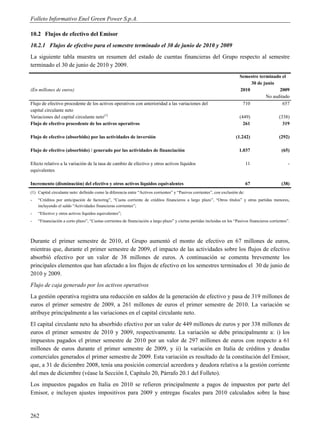 Folleto Informativo Enel Green Power S.p.A.

10.2 Flujos de efectivo del Emisor
10.2.1 Flujos de efectivo para el semestre terminado el 30 de junio de 2010 y 2009
La siguiente tabla muestra un resumen del estado de cuentas financieras del Grupo respecto al semestre
terminado el 30 de junio de 2010 y 2009.
                                                                                                                           Semestre terminado el
                                                                                                                                30 de junio
(En millones de euros)                                                                                                     2010              2009
                                                                                                                                       No auditado
Flujo de efectivo procedente de los activos operativos con anterioridad a las variaciones del                               710                657
capital circulante neto
Variaciones del capital circulante neto(1)                                                                                 (449)                  (338)
Flujo de efectivo procedente de los activos operativos                                                                       261                    319

Flujo de efectivo (absorbido) por las actividades de inversión                                                           (1.242)                  (292)

Flujo de efectivo (absorbido) / generado por las actividades de financiación                                               1.037                    (65)

Efecto relativo a la variación de la tasa de cambio de efectivo y otros activos líquidos                                        11                      -
equivalentes

Incremento (disminución) del efectivo y otros activos líquidos equivalentes                                                     67                  (38)
(1) Capital circulante neto: definido como la diferencia entre “Activos corrientes” y “Pasivos corrientes”, con exclusión de:
-   “Créditos por anticipación de factoring”, “Cuota corriente de créditos financieros a largo plazo”, “Otros títulos” y otras partidas menores,
    incluyendo el saldo “Actividades financieras corrientes”;
-   “Efectivo y otros activos líquidos equivalentes”;
-   “Financiación a corto plazo”, “Cuotas corrientes de financiación a largo plazo” y ciertas partidas incluidas en los “Pasivos financieros corrientes”.



Durante el primer semestre de 2010, el Grupo aumentó el monto de efectivo en 67 millones de euros,
mientras que, durante el primer semestre de 2009, el impacto de las actividades sobre los flujos de efectivo
absorbió efectivo por un valor de 38 millones de euros. A continuación se comenta brevemente los
principales elementos que han afectado a los flujos de efectivo en los semestres terminados el 30 de junio de
2010 y 2009.
Flujo de caja generado por los activos operativos
La gestión operativa registra una reducción en saldos de la generación de efectivo y pasa de 319 millones de
euros el primer semestre de 2009, a 261 millones de euros el primer semestre de 2010. La variación se
atribuye principalmente a las variaciones en el capital circulante neto.
El capital circulante neto ha absorbido efectivo por un valor de 449 millones de euros y por 338 millones de
euros el primer semestre de 2010 y 2009, respectivamente. La variación se debe principalmente a: i) los
impuestos pagados el primer semestre de 2010 por un valor de 297 millones de euros con respecto a 61
millones de euros durante el primer semestre de 2009, y ii) la variación en Italia de créditos y deudas
comerciales generados el primer semestre de 2009. Esta variación es resultado de la constitución del Emisor,
que, a 31 de diciembre 2008, tenía una posición comercial acreedora y deudora relativa a la gestión corriente
del mes de diciembre (véase la Sección I, Capítulo 20, Párrafo 20.1 del Folleto).
Los impuestos pagados en Italia en 2010 se refieren principalmente a pagos de impuestos por parte del
Emisor, e incluyen ajustes impositivos para 2009 y entregas fiscales para 2010 calculados sobre la base


262
 
