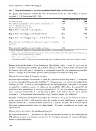 Folleto Informativo Enel Green Power S.p.A.

10.2.2 Flujos de efectivo para el ejercicio terminado el 31 de diciembre de 2009 y 2008
La siguiente tabla muestra un resumen del estado de cuentas financieras del Grupo respecto al ejercicio
terminado el 31 de diciembre de 2009 y 2008.
                                                                                                         Ejercicio terminado el 31 de diciembre
(En millones de euros)                                                                                 2009                                 2008
Flujo de efectivo procedente de los activos operativos con anterioridad a las                         1.259                                1.138
variaciones del capital circulante neto
Variaciones del capital circulante neto(1)                                                             (362)                                      (785)
Flujo de efectivo procedente de los activos operativos                                                   897                                        353

Flujo de efectivo (absorbido) por las actividades de inversión                                         (852)                                      (998)

Flujo de efectivo (absorbido) / generado por las actividades de financiación                            (60)                                        645

Efecto relativo a la variación de la tasa de cambio de efectivo y otros activos líquidos                 (4)                                            -
equivalentes

Disminución activos líquidos y otros activos líquidos equivalentes                                      (19)                                            -
(1) Capital circulante neto: definido como la diferencia entre “Activos corrientes” y “Pasivos corrientes”, con exclusión de:
-   “Créditos por anticipación de factoring”, “Cuota corriente de créditos financieros a largo plazo”, “Otros títulos” y otras partidas menores,
    incluyendo el saldo “Actividades financieras corrientes”;
-   “Efectivo y otros activos líquidos equivalentes”;
-   “Financiación a corto plazo”, “Cuotas corrientes de financiación a largo plazo” y ciertas partidas incluidas en los “Pasivos financieros corrientes”.



Durante el ejercicio terminado el 31 de diciembre de 2009, el Grupo redujo el monto del efectivo por un
valor de 19 millones de euros, mientras que, durante el ejercicio de 2008, el impacto de las actividades sobre
los flujos de efectivo fue nulo. A continuación se comentan brevemente los principales elementos que han
afectado a los flujos de efectivo en los ejercicios terminados el 31 de diciembre de 2009 y 2008.
Flujo de efectivo procedente de los activos operativos
La gestión operativa registra un incremento en saldos de la generación de efectivo y pasa de 353 millones en
el ejercicio terminado el 31 de diciembre de 2008 a 897 millones de euros en el ejercicio terminado el 31 de
diciembre de 2009. Los flujos de efectivo generados por los activos operativos, rectificados en las cuentas
del capital neto circulante, pasan de 1.138 millones de euros en 2008 a 1.259 millones de euros en 2009. La
variación se debe principalmente al incremento registrado en el EBITDA, que pasa de 1.141 millones de
euros en el ejercicio terminado el 31 de diciembre de 2008 a 1.207 millones de euros en el ejercicio
terminado el 31 de diciembre de 2009 (véase la Sección I, Capítulo 9, Párrafo 9.2.2 del Folleto).
El capital circulante neto ha absorbido efectivo por 362 millones de euros y por 785 millones de euros el
primer semestre de 2009 y 2008, respectivamente. La variación se debe principalmente al pago de un
impuesto sustituto de 532 millones de euros efectuado en el ejercicio de 2008 a fin de deducir algunas
diferencias temporales existentes entre los valores fiscales y los valores mostrados en las cuentas para
algunos activos.
Flujo de efectivo absorbido por las actividades de inversión
En el ejercicio terminado el 31 de diciembre de 2009, las actividades de inversión han absorbido fondos por
852 millones de euros. A continuación se describen las principales actividades de inversión efectuadas
durante el ejercicio en cuestión:


264
 