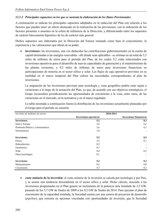 Folleto Informativo Enel Green Power S.p.A.

13.1.2 Principales supuestos en los que se sustenta la elaboración de los Datos Provisionales
A continuación se indican los principales supuestos adoptados en la redacción del Plan con relación a los
factores que pueden tener un efecto destacado en la realización de las previsiones, con la indicación de los
factores presentes o ausentes en la esfera de influencia de la Dirección, y diferenciando entre los supuestos
de carácter básicamente hipotético de los de carácter más general.
Dichos supuestos son elaborados por la Dirección del Emisor tomando como base el conocimiento, la
experiencia y las valoraciones que obran en su poder.
         inversiones: las inversiones, una vez deducidas las contribuciones gubernamentales en la cuenta de
          capital destinadas a las energías renovables –allí donde sean aplicables– se estiman en un total de 5,5
          miles de millones de euros para el período del Plan, de los cuales 5,2 están relacionados con
          inversiones operativas para el desarrollo de nuevas capacidades de generación y el mantenimiento de
          las plantas existentes, y 0,3 miles de millones de euros para inversiones financieras en
          participaciones de minoría en el sector eólico y solar. Los flujos de caja operativos previstos en su
          totalidad en el marco temporal del Plan cubren las necesidades correspondientes al plan de
          inversiones.
          La asignación de las inversiones previstas para tecnología y zona geográfica podría estar sujeta a
          variaciones a lo largo de la actuación del Plan, ya que, de acuerdo con sus objetivos estratégicos, el
          Grupo reconsidera periódicamente las oportunidades de crecimiento a la vista, entre otros, de las
          variaciones en el mercado, en la normativa y en el marco regulador.
          La tabla mostrada a continuación ilustra la distribución de las inversiones actualmente planeadas por
          el Grupo para el período en cuestión:
(en miles de millones de euros)                                               2010-2014
                                                     Inversiones operativas                 Inversiones financieras
Inversiones                                                             5,2                                     0,3
Italia y Europa                                                         2,6                                     0,2
Península Ibérica y Latinoamérica                                       1,6                                     0,1
Norteamérica                                                            1,0                                       -

Inversiones                                                             5,2                                     0,3
Eólico                                                                  3,5                                     0,1
Hidroeléctrico                                                          0,5                                       -
Geotérmico                                                              0,7                                       -
Solar                                                                   0,4                                     0,2
Otras tecnologías                                                       0,1                                       -

Inversiones                                                             5,2                                     0,3
Mantenimiento                                                           0,5                                     0,0
Crecimiento                                                             4,7                                     0,3



         coste unitario de la inversión: el coste unitario de la inversión se calcula por tecnología y por País,
          y se asume una tendencia descendiente en el sector eólico y solar. Dicho cálculo, asociado a las
          inversiones programadas en el Plan genera un incremento de la potencia neta instalada de 3,5 GW,
          pasando de los 5,7 GW de finales de 2009 a los 9,2 GW de finales de 2014. Para ejecutar el plan de
          crecimiento de la capacidad instalada, la Sociedad cuenta con una cartera de proyectos de desarrollo
          (pipeline), que consiste en opciones vinculadas con oportunidades de inversión, que la Sociedad


280
 