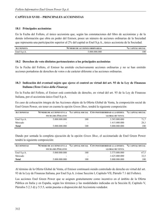 Folleto Informativo Enel Green Power S.p.A.

CAPÍTULO XVIII – PRINCIPALES ACCIONISTAS


18.1 Principales accionistas
En la Fecha del Folleto, el único accionista que, según las constataciones del libro de accionistas y de la
demás información que obra en poder del Emisor, posee un número de acciones ordinarias de la Sociedad
que representa una participación superior al 2% del capital es Enel S.p.A., único accionista de la Sociedad.
ACCIONISTA                                 NÚMERO DE ACCIONES ORDINARIAS                         % CAPITAL SOCIAL
Enel S.p.A.                                                 5.000.000.000                                     100



18.2 Derechos de voto distintos pertenecientes a los principales accionistas
En la Fecha del Folleto, el Emisor ha emitido exclusivamente acciones ordinarias y no se han emitido
acciones portadoras de derechos de votos o de carácter diferente a las acciones ordinarias.


18.3 Indicación del eventual sujeto que ejerce el control en virtud del art. 93 de la Ley de Finanzas
     Italiana (Testo Unico della Finanza)
En la Fecha del Folleto, el Emisor está controlado de derecho, en virtud del art. 93 de la Ley de Finanzas
Italiana, por el accionista único Enel S.p.A.
En caso de colocación íntegra de las Acciones objeto de la Oferta Global de Venta, la composición social de
Enel Green Power, sin tener en cuenta la opción Green Shoe, tendrá la siguiente composición:
ACCIONISTAS        NÚMERO DE ACCIONES EN LA    % CAPITAL SOCIAL CON POSTERIORIDAD A LA OFERTA    % CAPITAL SOCIAL
                        FECHA DEL FOLLETO                                    GLOBAL DE VENTA
Enel S.p.A.                    5.000.000.000               100                   3.585.000.000               71,7
Mercado                                    -                 -                   1.415.000.000               28,3
Total                          5.000.000.000               100                   5.000.000.000               100



Dando por sentada la completa ejecución de la opción Green Shoe, el accionariado de Enel Green Power
tendrá la siguiente composición:
ACCIONISTAS        NÚMERO DE ACCIONES EN LA    % CAPITAL SOCIAL CON POSTERIORIDAD A LA OFERTA    % CAPITAL SOCIAL
                        FECHA DEL FOLLETO                                    GLOBAL DE VENTA
Enel S.p.A.                    5.000.000.000               100                   3.375.000.000               67,5
Mercado                                    -                 -                   1.625.000.000               32,5
Total                          5.000.000.000               100                   5.000.000.000               100



Al término de la Oferta Global de Venta, el Emisor continuará siendo controlado de derecho en virtud del art.
93 de la Ley de Finanzas Italiana, por Enel S.p.A. (véase Sección I, Capítulo VII, Párrafo 7.1 del Folleto).
Las acciones Enel Green Power que se asignen gratuitamente como incentivo en el ámbito de la Oferta
Pública en Italia y en España, según los términos y las modalidades indicadas en la Sección II, Capítulo V,
Párrafos 5.2.3 d) y 5.5.5, serán puestas a disposición del Accionista vendedor.




312
 