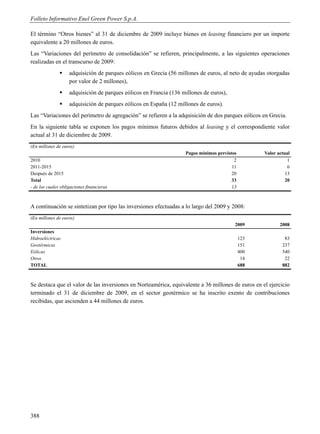 Folleto Informativo Enel Green Power S.p.A.

El término “Otros bienes” al 31 de diciembre de 2009 incluye bienes en leasing financiero por un importe
equivalente a 20 millones de euros.
Las “Variaciones del perímetro de consolidación” se refieren, principalmente, a las siguientes operaciones
realizadas en el transcurso de 2009:
                   adquisición de parques eólicos en Grecia (56 millones de euros, al neto de ayudas otorgadas
                    por valor de 2 millones),
                   adquisición de parques eólicos en Francia (136 millones de euros),
                   adquisición de parques eólicos en España (12 millones de euros).
Las “Variaciones del perímetro de agregación” se refieren a la adquisición de dos parques eólicos en Grecia.
En la siguiente tabla se exponen los pagos mínimos futuros debidos al leasing y el correspondiente valor
actual al 31 de diciembre de 2009.
(En millones de euros)
                                                                    Pagos mínimos previstos         Valor actual
2010                                                                                      2                    1
2011-2015                                                                                11                    6
Después de 2015                                                                          20                   13
Total                                                                                    33                   20
- de los cuales obligaciones financieras                                                 13



A continuación se sintetizan por tipo las inversiones efectuadas a lo largo del 2009 y 2008:
(En millones de euros)
                                                                                          2009             2008
Inversiones
Hidroeléctricas                                                                               123            83
Geotérmicas                                                                                   151           237
Eólicas                                                                                       400           540
Otros                                                                                          14            22
TOTAL                                                                                         688           882



Se destaca que el valor de las inversiones en Norteamérica, equivalente a 36 millones de euros en el ejercicio
terminado el 31 de diciembre de 2009, en el sector geotérmico se ha inscrito exento de contribuciones
recibidas, que ascienden a 44 millones de euros.




388
 