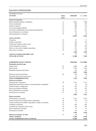 Sección I

BALANCE CONSOLIDADO
(En millones de euros)
ACTIVOS                                                                Notas    30.06.2010   31.12.2009
                                                                       20.2.1
Activos no corrientes
Bienes inmuebles, plantas y maquinaria                                  .11          8.465        7.200
Activos inmateriales                                                    .12            892          259
Fondo de comercio                                                       .13            960          532
Activos por impuesto diferido                                           .14            169          121
Inversiones contabilizadas por el método de participación               .15            417          261
Activos financieros no corrientes                                       .16            121           35
Otras operaciones no corrientes                                         .17             28           34
                                                                                    11.052        8.442
Activos corrientes
Existencias                                                             .18            36            31
Créditos comerciales                                                    .19           456           512
Créditos por impuestos sobre la renta                                   .20           108            18
Activos financieros corrientes                                          .21           355           228
Efectivo y otros activos líquidos equivalentes                          .22           211           144
Otros activos corrientes                                                .23           192           119
                                                                                    1.358         1.052
Activos no corrientes mantenidos venta                                  .24            70             0
TOTAL DE ACTIVOS                                                                   12.480         9.494



PATRIMONIO NETO Y PASIVOS                                                       30.06.2010   31.12.2009
Patrimonio neto del Grupo
Capital social                                                          .25          1.000          600
Otras reservas                                                          .25          5.279        1.366
Resultado del ejercicio del Grupo                                                      253          418
                                                                                     6.532        2.384
Patrimonio neto de minoritarios                                         .26            692          180
Resultado del período de minoritarios                                                   10           21
TOTAL PATRIMONIO NETO                                                                7.224        2.564
Pasivos no corrientes
Financiaciones a largo plazo                                            .28         1.331         1.131
Indemnización por fin de contrato y otras prestaciones a empleados                     47            46
Fondo de riesgos y obligaciones                                         .29           105            68
Pasivos por impuestos diferidos                                         .14           414           182
Pasivos financieros no corrientes                                       .30            54            22
Otros pasivos no corrientes                                             .31            74            63
                                                                                    2.025         1.512
Pasivos corrientes
Financiaciones a corto plazo                                            .32         2.153        4.413
Cuotas corrientes de las financiaciones a largo plazo                   .28           145          115
Cuotas corrientes de los fondos a largo plazo y fondos a corto plazo    .29             9           13
Acreedores comerciales                                                  .33           596          454
Acreedores por impuestos sobre la renta                                 .34           128          207
Pasivos financieros corrientes                                          .35            33           85
Otros pasivos corrientes                                                .36           119          131
                                                                                    3.183        5.418
Pasivos no corrientes la venta                                          .37            48            0
TOTAL PASIVOS                                                                       5.256        6.930
TOTAL PATRIMONIO NETO Y PASIVOS                                                    12.480        9.494



                                                                                                  429
 
