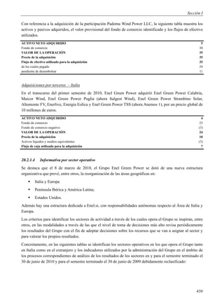 Sección I

Con referencia a la adquisición de la participación Padoma Wind Power LLC, la siguiente tabla muestra los
activos y pasivos adquiridos, el valor provisional del fondo de comercio identificado y los flujos de efectivo
utilizados.
ACTIVO NETO ADQUIRIDO                                                                                          5
Fondo de comercio                                                                                             30
VALOR DE LA OPERACIÓN                                                                                         35
Precio de la adquisición                                                                                      35
Flujo de efectivo utilizado para la adquisición                                                               35
de los cuales pagado                                                                                          24
pendiente de desembolsar                                                                                      11



Adquisiciones por terceros – Italia
En el transcurso del primer semestre de 2010, Enel Green Power adquirió Enel Green Power Calabria,
Maicor Wind, Enel Green Power Puglia (ahora Italgest Wind), Enel Green Power Strambino Solar,
Altomonte FV, Enerlive, Energia Eolica y Enel Green Power TSS (ahora Anemos 1), por un precio global de
10 millones de euros.
ACTIVO NETO ADQUIRIDO                                                                                           4
Fondo de comercio                                                                                              23
Fondo de comercio negativo                                                                                    (3)
VALOR DE LA OPERACIÓN                                                                                          24
Precio de la adquisición                                                                                       10
Activos líquidos y medios equivalentes                                                                        (3)
Flujo de caja utilizado para la adquisición                                                                     7



20.2.1.4      Informativa por sector operativo
Se destaca que el 8 de marzo de 2010, el Grupo Enel Green Power se dotó de una nueva estructura
organizativa que prevé, entre otros, la reorganización de las áreas geográficas en:
          Italia y Europa
          Península Ibérica y América Latina;
          Estados Unidos.
Además hay una estructura dedicada a Enel.si, con responsabilidades autónomas respecto al Área de Italia y
Europa.
Los criterios para identificar los sectores de actividad a través de los cuales opera el Grupo se inspiran, entre
otros, en las modalidades a través de las que el nivel de toma de decisiones más alto revisa periódicamente
los resultados del Grupo con el fin de adoptar decisiones sobre los recursos que se van a asignar al sector y
para valorar los propios resultados.
Concretamente, en las siguientes tablas se identifican los sectores operativos en los que opera el Grupo tanto
en Italia como en el extranjero y los indicadores utilizados por la administración del Grupo en el ámbito de
los procesos correspondientes de análisis de los resultados de los sectores en y para el semestre terminado el
30 de junio de 2010 y para el semestre terminado el 30 de junio de 2009 debidamente reclasificado:




                                                                                                             439
 
