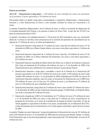 Sección I

Pasivos no corrientes
20.2.1.28 Financiaciones a largo plazo – 1.476 millones de euros (incluidas las cuotas con vencimiento
en los próximos 12 meses equivalentes a 145 millones de euros)
Esta partida refleja a la deuda a largo plazo correspondiente a empréstitos obligacionales, a financiaciones
bancarias y a otras financiaciones en Euros y otras monedas, incluidas las cuotas con vencimiento a 12
meses.
La partida “Empréstitos obligacionales”, de 63 millones de euros, se refiere a la emisión de obligaciones de
la sociedad panameña Enel Fortuna y las gestiona el Banco de Nueva York al tipo fijo del 10,125% con
plazo de amortización hasta el 2013.
La partida “Acreedores con entidades bancarias” a 30 de junio de 2010 (incluida la cuota con vencimiento
dentro de 12 meses) se moviliza como consecuencia de la variación del perímetro de consolidación por un
importe de 171 millones de euros y se refiere principalmente a:
       financiación bancaria a largo plazo de 37 millones de euros a tipo fijo (34 millones de euros a 31 de
        diciembre de 2009) con el Banco Estado chileno, con cuota a corto plazo equivalente a 2 millones de
        euros;
       financiación bancaria a largo plazo de 11 millones de euros a tipo fijo (10 millones de euros a 31 de
        diciembre de 2009) con el Banco Industrial del Guatemala, con cuota a corto plazo equivalente a
        0,55 millones de euros;
       financiación bancaria concedida por Banca Intesa San Paolo con el objetivo de financiar el proyecto
        Palo Viejo en Guatemala de 88 millones (44 millones de euros a 31 de diciembre de 2009). Esta
        financiación prevé una contribución en la cuenta de intereses reconocida por Simest;
       financiaciones bancarias a largo plazo, concedidas a través de la fórmula de la financiación del
        proyecto equivalentes a un tal de 637 millones de euros de los cuales: i) 469 millones de euros a tipo
        variable (496 millones de euros a 31 de diciembre de 2009) estipulados por EUFER con más de 20
        instituciones bancarias españolas, entre las cuales se encuentran las financiaciones con el BBVA por
        228 millones de euros; con la Caixa por 162 millones de euros y con Banesto por 53 millones de
        euros; ii) 168 millones de euros estipulados por Ecyr;
       financiaciones bancarias a largo plazo de 25 millones de euros a tipo variable (27 millones de euros a
        31 de diciembre de 2009) con dos instituciones bancarias griegas: el NBG Bank y el Emporiki Bank,
        con cuota a corto plazo de 2 millones de euros;
       financiación otorgada por el BEI a la Controladora, de 177 millones de euros (191 millones de euros
        a 31 de diciembre de 2009) con cuota a corto plazo de 27 millones de euros, reconocida por un
        programa de inversiones en el sector de la producción de energía de fuentes renovables. El tipo de
        interés pagadera es equivalente al Euribor a tres meses, incrementado con un diferencial del 0,25%,
        el plan del préstamo prevé la amortización en 22 cuotas iguales semestrales a partir del mes de junio
        de 2006.
La partida “Deudas con otras financieras” recoge principalmente la financiación de cerca de 287 millones de
euros (250 millones de euros a 31 de diciembre de 2009) para los proyectos para Snyder, Smoky I y Smoky
II de Norteamérica que se moviliza principalmente, como consecuencia del “Tax Partnership”, de cerca de 26
millones de euros.



                                                                                                          457
 