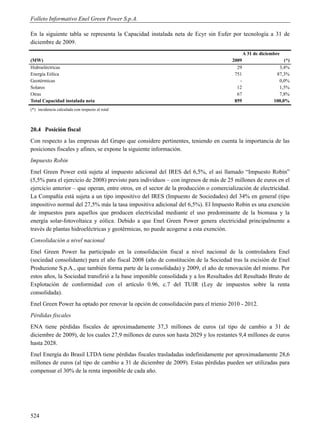 Folleto Informativo Enel Green Power S.p.A.

En la siguiente tabla se representa la Capacidad instalada neta de Ecyr sin Eufer por tecnología a 31 de
diciembre de 2009.
                                                                                             A 31 de diciembre
(MW)                                                                                  2009                      (*)
Hidroeléctricas                                                                         29                   3,4%
Energía Eólica                                                                         751                  87,3%
Geotérmicas                                                                              -                   0,0%
Solares                                                                                 12                   1,5%
Otras                                                                                   67                   7,8%
Total Capacidad instalada neta                                                         859                 100,0%
(*) incidencia calculada con respecto al total



20.4 Posición fiscal
Con respecto a las empresas del Grupo que considere pertinentes, teniendo en cuenta la importancia de las
posiciones fiscales y afines, se expone la siguiente información.
Impuesto Robin
Enel Green Power está sujeta al impuesto adicional del IRES del 6,5%, el así llamado “Impuesto Robin”
(5,5% para el ejercicio de 2008) previsto para individuos – con ingresos de más de 25 millones de euros en el
ejercicio anterior – que operan, entre otros, en el sector de la producción o comercialización de electricidad.
La Compañía está sujeta a un tipo impositivo del IRES (Impuesto de Sociedades) del 34% en general (tipo
impositivo normal del 27,5% más la tasa impositiva adicional del 6,5%). El Impuesto Robin es una exención
de impuestos para aquellos que producen electricidad mediante el uso predominante de la biomasa y la
energía solar-fotovoltaica y eólica. Debido a que Enel Green Power genera electricidad principalmente a
través de plantas hidroeléctricas y geotérmicas, no puede acogerse a esta exención.
Consolidación a nivel nacional
Enel Green Power ha participado en la consolidación fiscal a nivel nacional de la controladora Enel
(sociedad consolidante) para el año fiscal 2008 (año de constitución de la Sociedad tras la escisión de Enel
Produzione S.p.A., que también forma parte de la consolidada) y 2009, el año de renovación del mismo. Por
estos años, la Sociedad transfirió a la base imponible consolidada y a los Resultados del Resultado Bruto de
Explotación de conformidad con el artículo 0.96, c.7 del TUIR (Ley de impuestos sobre la renta
consolidada).
Enel Green Power ha optado por renovar la opción de consolidación para el trienio 2010 - 2012.
Pérdidas fiscales
ENA tiene pérdidas fiscales de aproximadamente 37,3 millones de euros (al tipo de cambio a 31 de
diciembre de 2009), de los cuales 27,9 millones de euros son hasta 2029 y los restantes 9,4 millones de euros
hasta 2028.
Enel Energía do Brasil LTDA tiene pérdidas fiscales trasladadas indefinidamente por aproximadamente 28,6
millones de euros (al tipo de cambio a 31 de diciembre de 2009). Estas pérdidas pueden ser utilizadas para
compensar el 30% de la renta imponible de cada año.




524
 