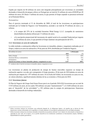 Sección I

España por importe de 60 millones de euros está integrada principalmente por inversiones en sociedades
destinadas al desarrollo de parques eólicos en Portugal por un total de 52 millones de euros (ENEOP por 49
millones de euros, EE Douro 3 millones de euros), lo que permite al Grupo expandir su presencia territorial
en la Península Ibérica.
Norteamérica
Para el ejercicio terminado el 31 de diciembre de 2009, el total de las inversiones en participaciones
realizado por la Unidad de Negocio it de Norteamérica, asciende a un total de 39 millones de euros y se
refieren:
      -     a la compra del 25% de la sociedad Geronimo Wind Energy L.L.C. (compañía de suministros
            desarrolladora de plantas eólicas) por 13 millones de euros;
      -     a la suscripción proporcional del incremento de capital social en la sociedad Tradewind por importe
            de 26 millones de euros, lo que permitió al Grupo mantener una participación del 42%.
5.2.2 Inversiones en curso de realización
La tabla incluida a continuación refleja las Inversiones en inmuebles, plantas y maquinaria realizadas por el
Grupo y todavía en curso de realización a 30 de junio de 2010, distribuidas por Unidad de Negocio.
(En millones de euros)                                                                                                       A 30 de junio
                                                                                                                    2010                           (*)
Italia y Europa                                                                                                      914                         63%
Península Ibérica y Latinoamérica                                                                                    470                         33%
Norteamérica                                                                                                          53                          4%
Total de inversiones en bienes inmuebles, plantas y maquinaria en curso                                            1.437                        100%
(*) incidencia sobre el total de inversiones en inmuebles, plantas y maquinaria en curso



Las inversiones en plantas de producción de energía de fuentes renovables requieren un tiempo de
realización superior a un año; por consiguiente el Grupo presenta a 30 de junio de 2010 plantas en curso de
realización por importe de 1.437 millones de euros. En la Fecha del Folleto, las inversiones en curso no son,
en valores absolutos, significativamente distintas de las ya existentes a 30 de junio de 2010.
5.2.3 Inversiones futuras
El Plan de Negocio del Grupo Enel Green Power prevé en el período 2010-2014 inversiones por un total de
5.535 millones de euros, de los cuales 558 millones son para “mantenimiento”10, (1) 4.684 millones de euros
para el “desarrollo” de las actividades11 y 293 millones para la compra de participaciones financieras
destinadas al desarrollo de holdings industriales.




10
     Dichas inversiones incluyen las inversiones cuya realización depende de: (i) obligaciones legales o de aquellas que se deriven de otras
     disposiciones externas (relacionadas con la seguridad y/o el medio ambiente), (ii) necesidad de mantenimiento de las actividades principales.
11
     Dichas inversiones incluyen las inversiones orientadas al desarrollo de una potencia adicional “con el objetivo de seleccionarlas en función de su
     capacidad de crear valor, de la mejora y de su posible desarrollo de las instalaciones actualmente en funcionamiento (mejora, fiabilidad y
     disponibilidad de las plantas generadoras).


                                                                                                                                                   89
 