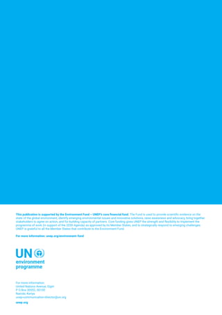 For more information:
United Nations Avenue, Gigiri
P O Box 30552, 00100
Nairobi, Kenya
unep-communication-director@un.org
unep.org
This publication is supported by the Environment Fund – UNEP’s core financial fund. The Fund is used to provide scientific evidence on the
state of the global environment, identify emerging environmental issues and innovative solutions, raise awareness and advocacy, bring together
stakeholders to agree on action, and for building capacity of partners. Core funding gives UNEP the strength and flexibility to implement the
programme of work (in support of the 2030 Agenda) as approved by its Member States, and to strategically respond to emerging challenges.
UNEP is grateful to all the Member States that contribute to the Environment Fund.
For more information: unep.org/environment-fund
 