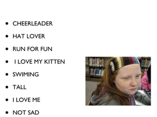 CHEERLEADER HAT LOVER RUN FOR FUN I LOVE MY KITTEN SWIMING TALL I LOVE ME NOT SAD ASUTENT  