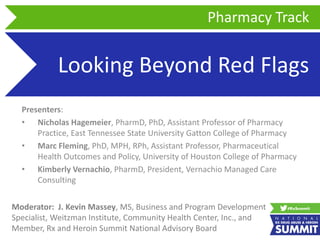 Looking Beyond Red Flags
Presenters:
• Nicholas Hagemeier, PharmD, PhD, Assistant Professor of Pharmacy
Practice, East Tennessee State University Gatton College of Pharmacy
• Marc Fleming, PhD, MPH, RPh, Assistant Professor, Pharmaceutical
Health Outcomes and Policy, University of Houston College of Pharmacy
• Kimberly Vernachio, PharmD, President, Vernachio Managed Care
Consulting
Pharmacy Track
Moderator: J. Kevin Massey, MS, Business and Program Development
Specialist, Weitzman Institute, Community Health Center, Inc., and
Member, Rx and Heroin Summit National Advisory Board
 
