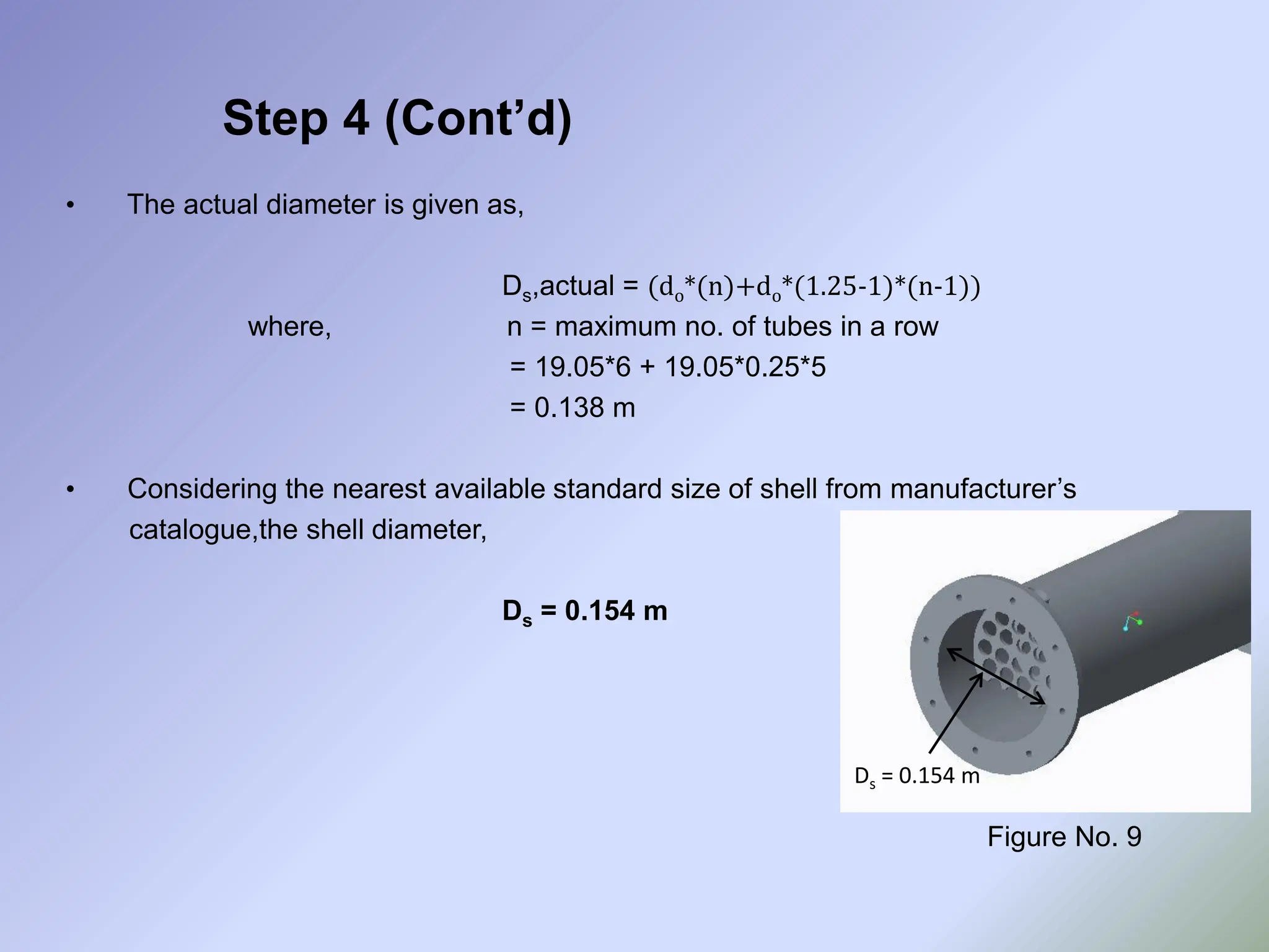 Step 4 (Cont’d)
• The actual diameter is given as,
Ds,actual = (do*(n)+do*(1.25-1)*(n-1))
where, n = maximum no. of tubes in a row
= 19.05*6 + 19.05*0.25*5
= 0.138 m
• Considering the nearest available standard size of shell from manufacturer’s
catalogue,the shell diameter,
Ds = 0.154 m
Figure No. 9
Ds = 0.154 m
 