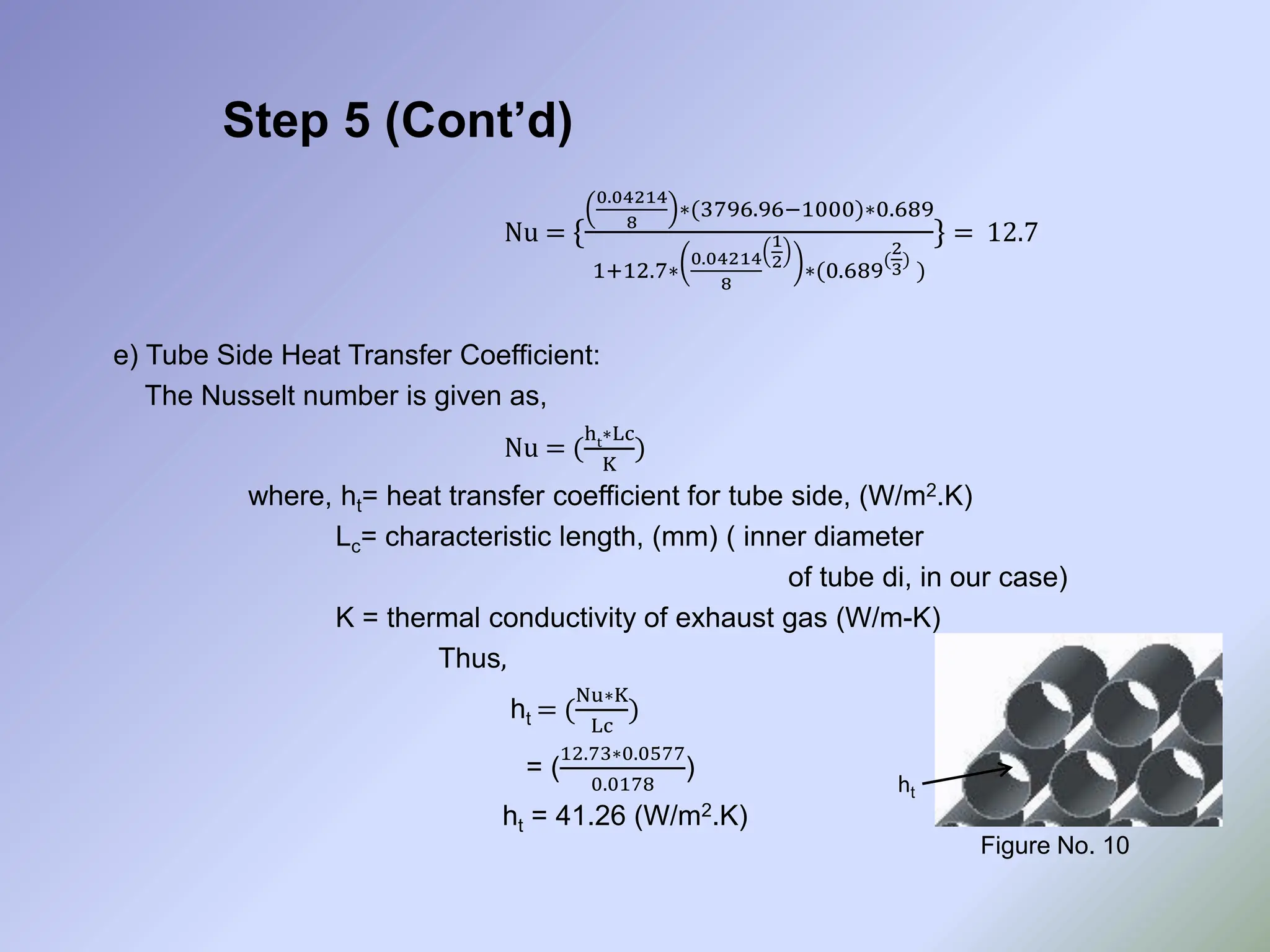 Step 5 (Cont’d)
Nu = {
0.04214
8
∗(3796.96−1000)∗0.689
1+12.7∗
0.04214
8
1
2
∗(0.689
(
2
3)
)
} = 12.7
e) Tube Side Heat Transfer Coefficient:
The Nusselt number is given as,
Nu = (
ht∗Lc
K
)
where, ht= heat transfer coefficient for tube side, (W/m2.K)
Lc= characteristic length, (mm) ( inner diameter
of tube di, in our case)
K = thermal conductivity of exhaust gas (W/m-K)
Thus,
ht = (
Nu∗K
Lc
)
= (
12.73∗0.0577
0.0178
)
ht = 41.26 (W/m2.K)
ht
Figure No. 10
 