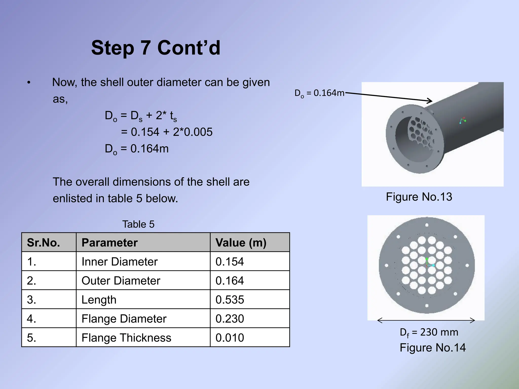 Step 7 Cont’d
• Now, the shell outer diameter can be given
as,
Do = Ds + 2* ts
= 0.154 + 2*0.005
Do = 0.164m
The overall dimensions of the shell are
enlisted in table 5 below.
Sr.No. Parameter Value (m)
1. Inner Diameter 0.154
2. Outer Diameter 0.164
3. Length 0.535
4. Flange Diameter 0.230
5. Flange Thickness 0.010
Table 5
Figure No.13
Figure No.14
Do = 0.164m
Df = 230 mm
 