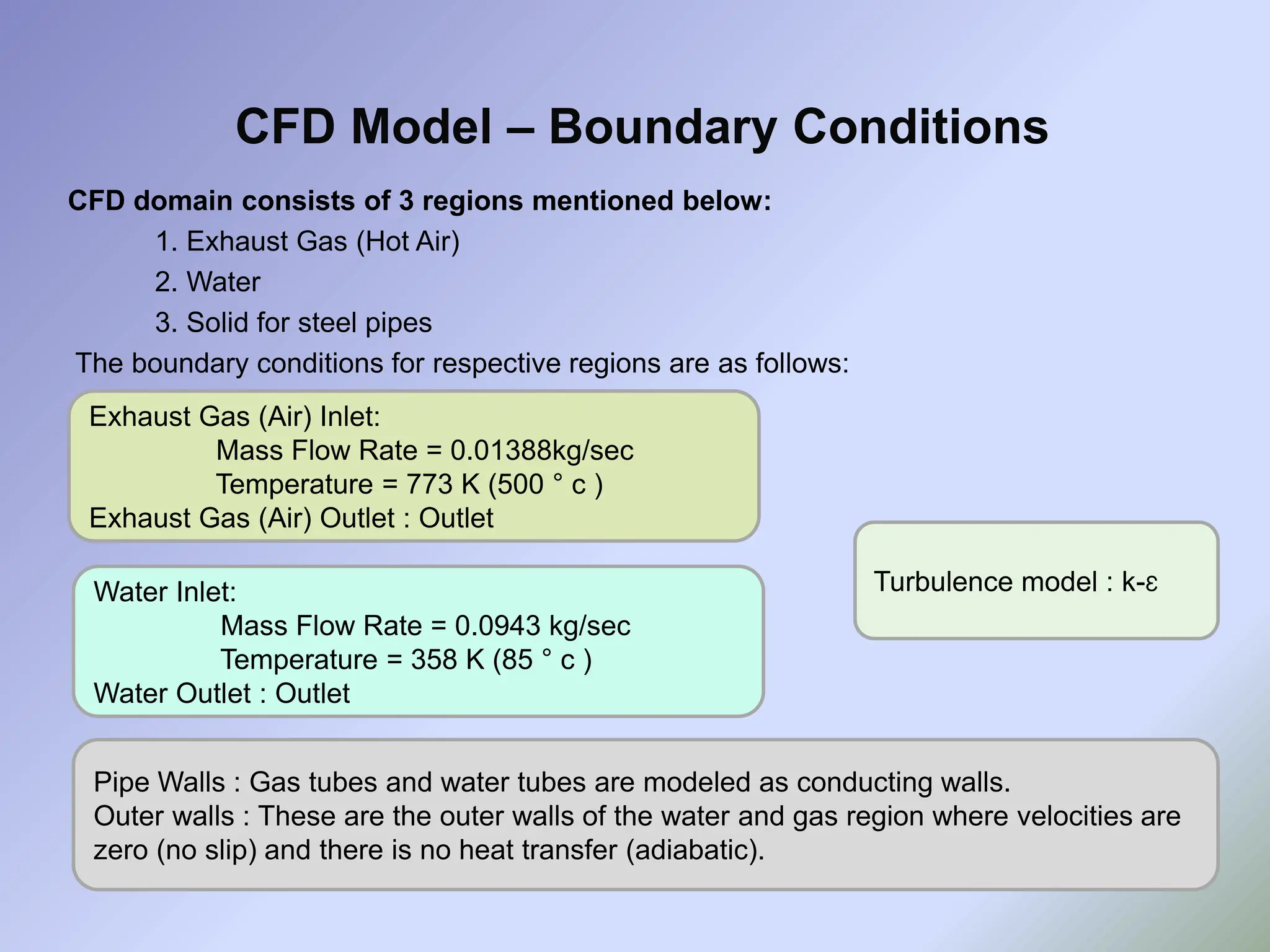 CFD domain consists of 3 regions mentioned below:
1. Exhaust Gas (Hot Air)
2. Water
3. Solid for steel pipes
The boundary conditions for respective regions are as follows:
CFD Model – Boundary Conditions
Water Inlet:
Mass Flow Rate = 0.0943 kg/sec
Temperature = 358 K (85 ° c )
Water Outlet : Outlet
Exhaust Gas (Air) Inlet:
Mass Flow Rate = 0.01388kg/sec
Temperature = 773 K (500 ° c )
Exhaust Gas (Air) Outlet : Outlet
Pipe Walls : Gas tubes and water tubes are modeled as conducting walls.
Outer walls : These are the outer walls of the water and gas region where velocities are
zero (no slip) and there is no heat transfer (adiabatic).
Turbulence model : k-Ɛ
 