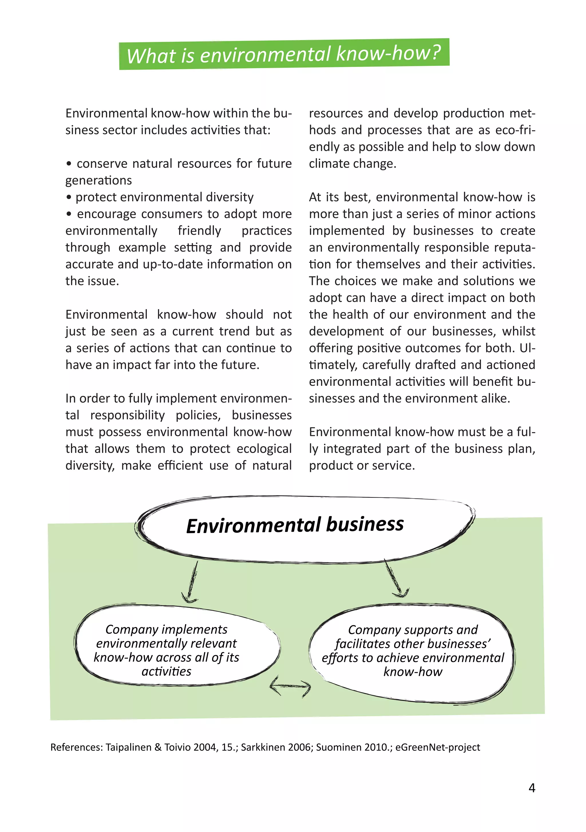 Environmental know-how within the bu-
siness sector includes activities that:
• conserve natural resources for future
generations
• protect environmental diversity
• encourage consumers to adopt more
environmentally friendly practices
through example setting and provide
accurate and up-to-date information on
the issue.
Environmental know-how should not
just be seen as a current trend but as
a series of actions that can continue to
have an impact far into the future.
In order to fully implement environmen-
tal responsibility policies, businesses
must possess environmental know-how
that allows them to protect ecological
diversity, make efficient use of natural
resources and develop production met-
hods and processes that are as eco-fri-
endly as possible and help to slow down
climate change.
At its best, environmental know-how is
more than just a series of minor actions
implemented by businesses to create
an environmentally responsible reputa-
tion for themselves and their activities.
The choices we make and solutions we
adopt can have a direct impact on both
the health of our environment and the
development of our businesses, whilst
offering positive outcomes for both. Ul-
timately, carefully drafted and actioned
environmental activities will benefit bu-
sinesses and the environment alike.
Environmental know-how must be a ful-
ly integrated part of the business plan,
product or service.
What is environmental know-how?
Environmental business
Company implements
environmentally relevant
know-how across all of its
activities
Company supports and
facilitates other businesses’
efforts to achieve environmental
know-how
References: Taipalinen & Toivio 2004, 15.; Sarkkinen 2006; Suominen 2010.; eGreenNet-project
4
 