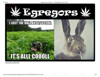 8/11/2020 Egregors within Cannabis - The Weed Memes of Our Times
https://cannabis.net/blog/opinion/egregors-within-cannabis-the-weed-memes-of-our-times 2/13
CANNABIS EGREGORS
i hi bi h d
 Edit Article (https://cannabis.net/mycannabis/c-blog-entry/update/egregors-within-cannabis-the-weed-memes-of-our-times)
 Article List (https://cannabis.net/mycannabis/c-blog)
 