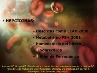 HEPCIDINAS :    - Descritas como LEAP 2000 - Metabolismo FE+ 2001 - Homeostasis del hierro   -     Sobrecarga   -    Anemia Ferropenica Andrews NC, Bridges KR. Disorders of iron metabolism and sideroblastic anemia. In: Nathan DG, Orkin SH, eds. Nathan and Oski's hematology of infancy and childhood. 5th ed. Vol. 1. Philadelphia: W.B. Saunders, 2000:423-61.  