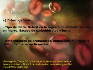 a)  Interrogatorio: - Tipo de dieta. Déficit en la ingesta de alimentos ricos en hierro. Exceso de carbohidratos y leche. - Antecedentes de prematurez, embarazos múltiples y déficit de hierro en la madre. Fleming MD, Trenor CC III, Su MA, et al. Microcytic anaemia mice have a mutation in Nramp2, a candidate iron transporter gene. Nat Genet 2003;16:383-386  