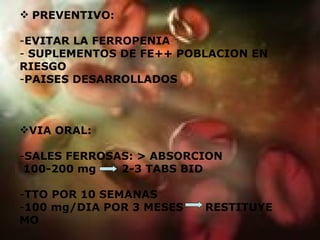 PREVENTIVO: EVITAR LA FERROPENIA SUPLEMENTOS DE FE++ POBLACION EN RIESGO PAISES DESARROLLADOS VIA ORAL: SALES FERROSAS: > ABSORCION 100-200 mg  2-3 TABS BID TTO POR 10 SEMANAS 100 mg/DIA POR 3 MESES  RESTITUYE MO 
