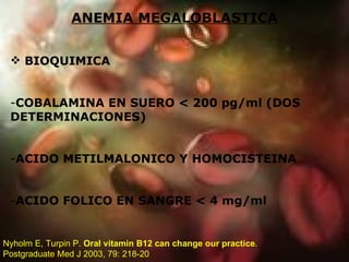 ANEMIA MEGALOBLASTICA BIOQUIMICA COBALAMINA EN SUERO < 200 pg/ml (DOS DETERMINACIONES) ACIDO METILMALONICO Y HOMOCISTEINA ACIDO FOLICO EN SANGRE < 4 mg/ml Nyholm E, Turpin P.  Oral vitamin B12 can change our practice . Postgraduate Med J 2003, 79: 218-20 