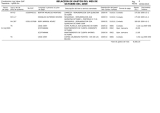RELACION DE GASTOS DEL MES DE
OCTUBRE DEL 2009

Condominio Los Inkas Golf
Tesoreria - rp006.frx
Fecha
de pago

Tipo y No de
Dcto de sustento
RH 62

No RUC
10200445151

RH 117
RH 287
TK
31/10/2009

Empresa o persona a quien
se paga
BERTHA MAURICIO MONTERO
OSWALDO GUTIERREZ RIVERO

10201197908

NERY BARRIAL NÚUEZ
CASA DANY
SCOTIABANK
SCOTIABANK

TK

CASA DANY

Descripción del bien o servicio cancelado
LIMPIEZA - REMUNERACION 2DA QUINCENA
OCTUBRE
SEGURIDAD - REMUNERACION 2DA
QUINCENA OCTUBRE + PORTERIA 19 Y 26
JARDINERIA - REMUNERACION 2DA
QUINCENA OCTUBRE 2009
COPIA PLANILLA 2DA QUINCENA OCTUBRE
MANTENIMIENTO DE CUENTA CORRIENTE
OCTUBRE
MANTENIMIENTO DE CUENTA AHORRO
OCTUBRE
COPIAS CALABAZAS PUERTAS - DIA DE LAS
BRUJAS

Pag
Fecha
Distribución del gasto
Año Centro Partida

Forma de pago

4
10/02/2014

Monto
(S/.)

Documento
Interno

2009 04

010101 Contado

275.00 2009-10-2

2009 03

010101 Contado

175.00 2009-10-2

2009 05

010101 Contado

300.00 2009-10-2

2009 02
2009 09

0806
0902

Contado
Oper. bancaria

0.20 LQ-2009-048
49.00

2009 09

0902

Oper. bancaria

15.00

2009 02

0806

Contado

Total de gastos del mes

0.50 LQ-2009-048
8,082.20

 