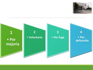 1
• Por
mejoría
2
• Voluntario
3
• Por fuga
4
• Por
defunción
4
• Por
defunción
 