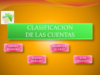 CLASIFICACION
DE LAS CUENTAS
GRISEL
ROMERO

MAIBELYN
SUAREZ
ELIANA
HERAZO

LUIS
URDANETA

 