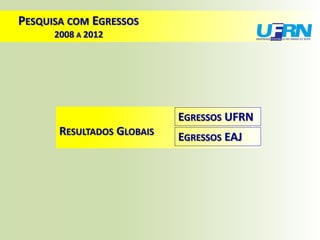 PESQUISA COM EGRESSOS
2008 A 2012
RESULTADOS GLOBAIS
EGRESSOS UFRN
EGRESSOS EAJ
 