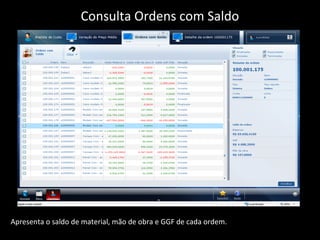 Apresenta o saldo de material, mão de obra e GGF de cada ordem.
Consulta Ordens com Saldo
 