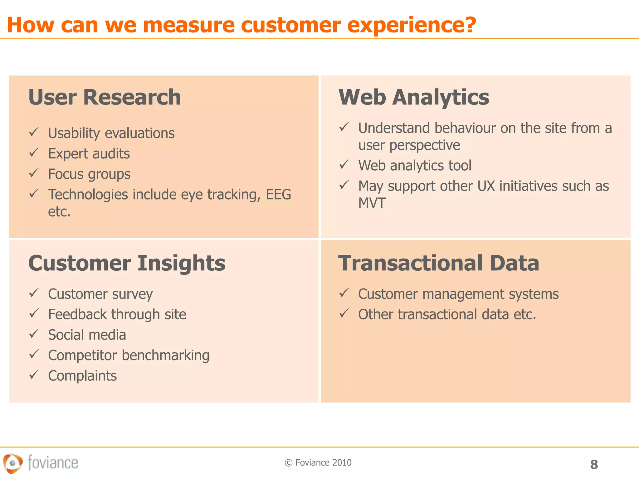 8© Foviance 2010How can we measure customer experience?User ResearchUsability evaluations